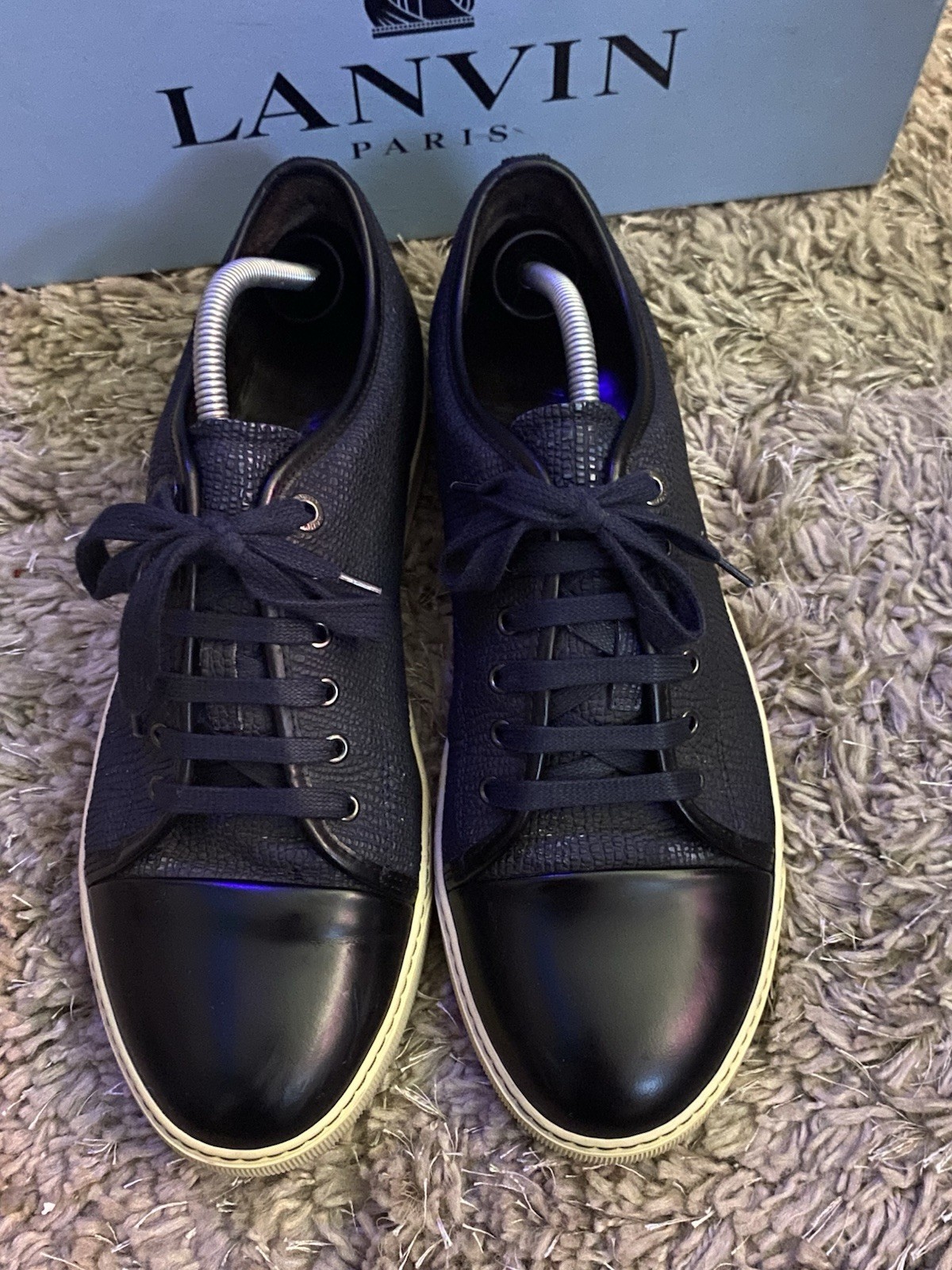 LANVIN Mens DBB1 Navy Embossed Leather Lace Up Sneakers Size UK 10 US 11