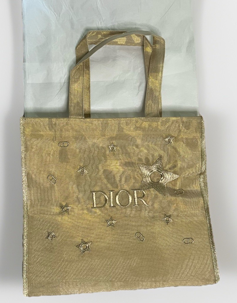 New Dior Metallic Gold Star Embroidered Tote/ Beach Bag With COA