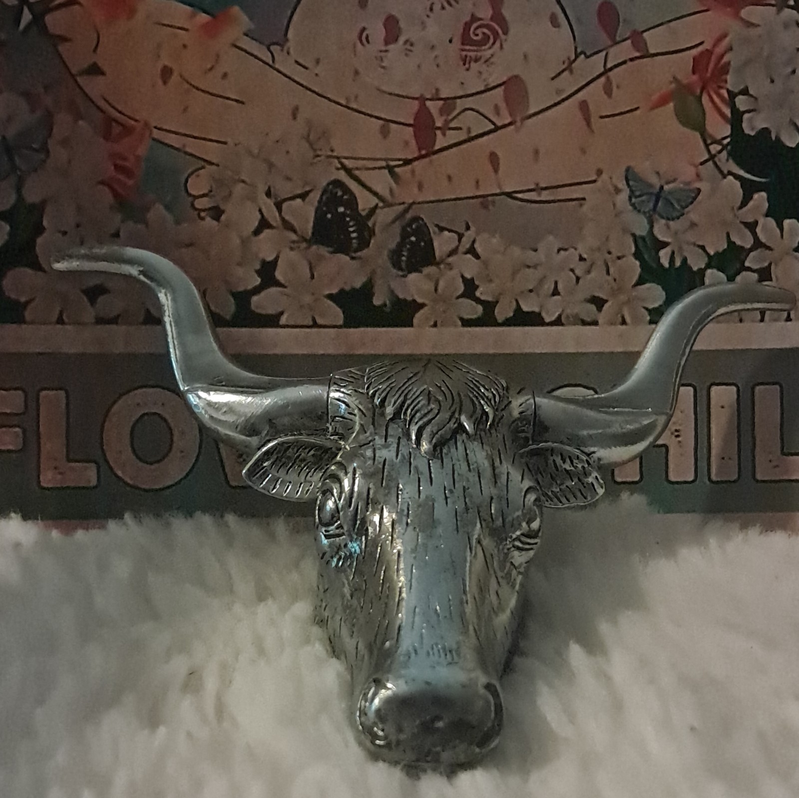 vintage silver color bull head. paper weight/ photo, business card holder!