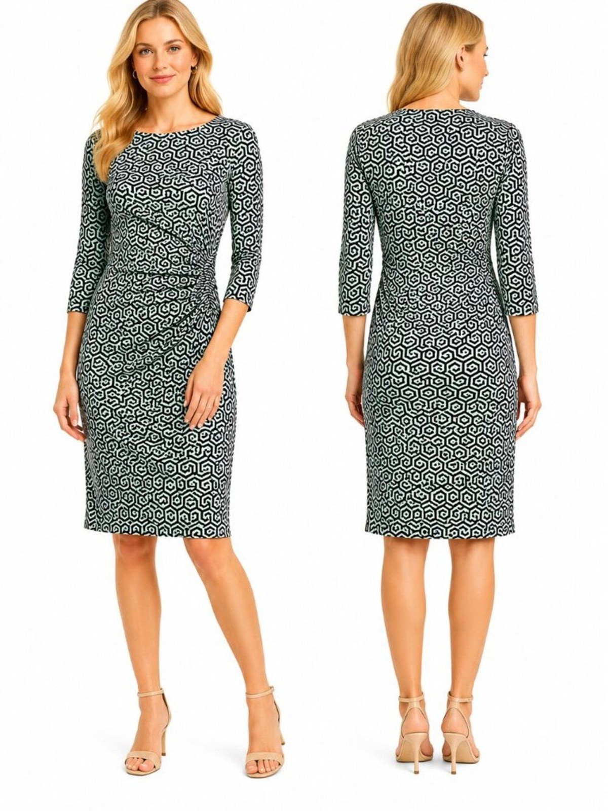 J.McLaughlin Catalina Cloth Ruched Dress Women Small Mint Black Geometric Print
