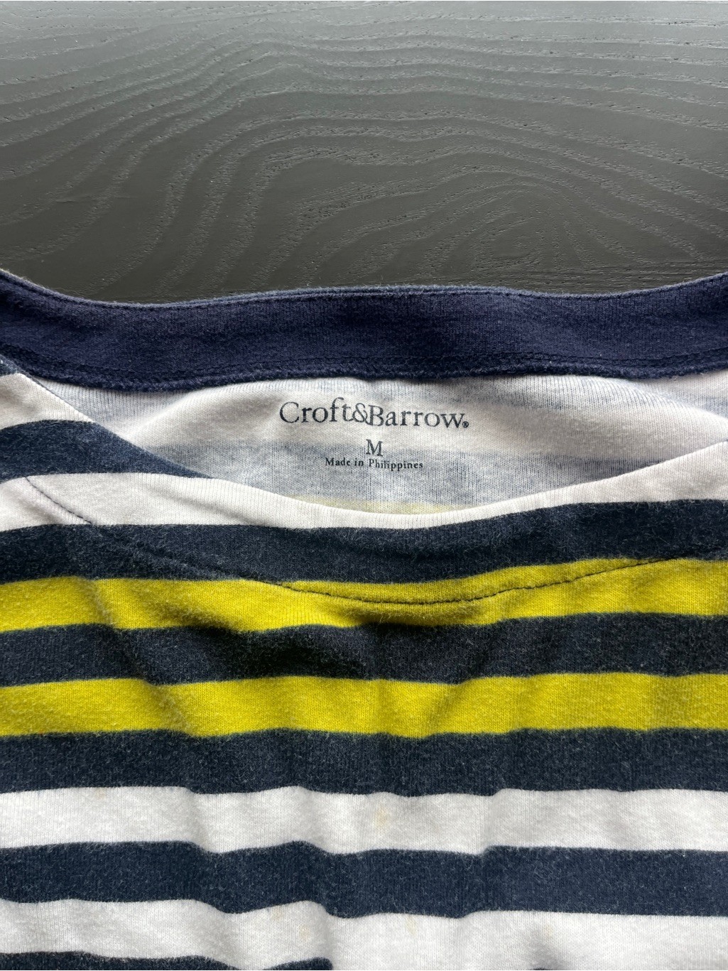 Croft & Barrow Stretchy Size M Navy & Lime Green Striped Boatneck Top