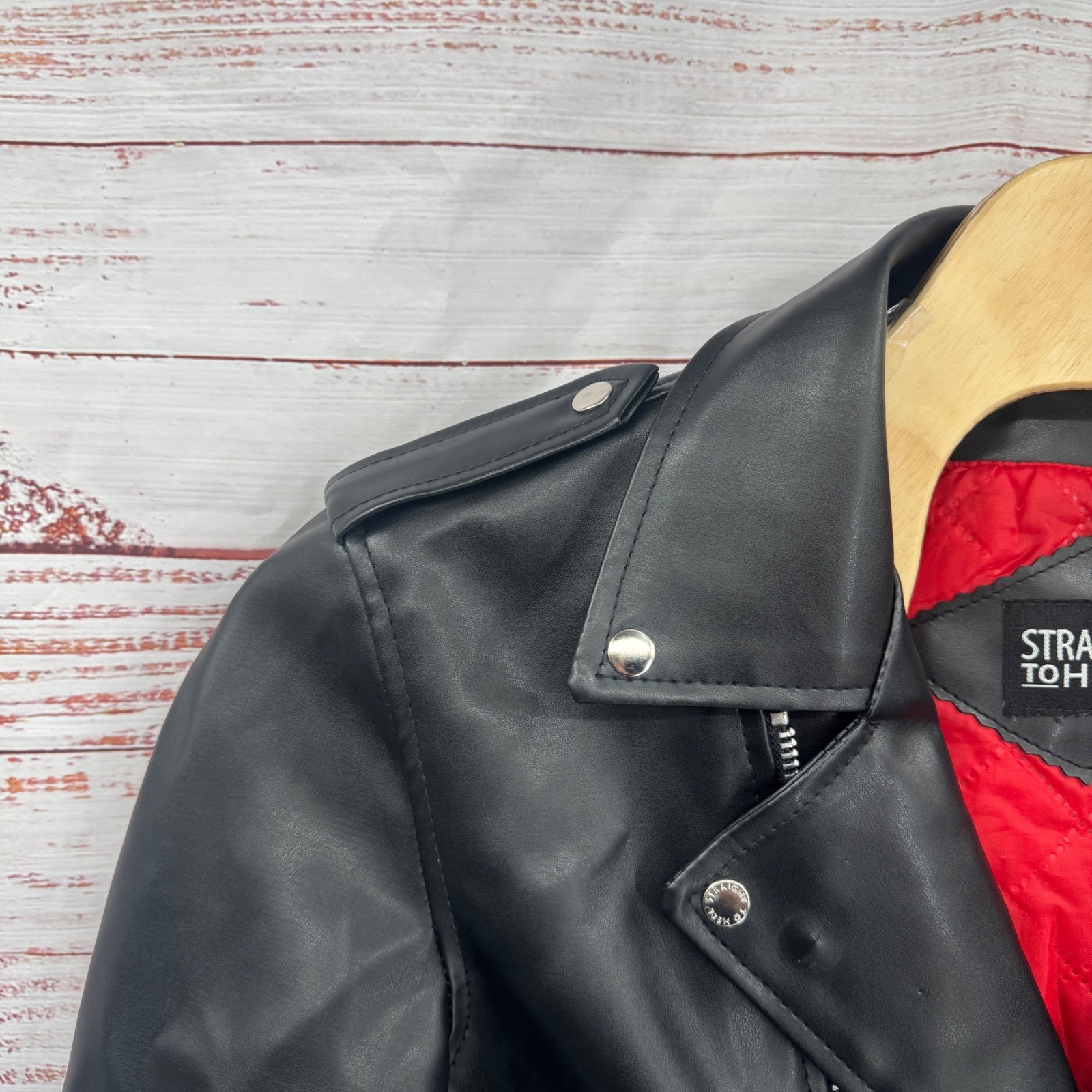 Straight to Hell Moto Jacket Large Black Faux Leather Red Quilted Lined Belted