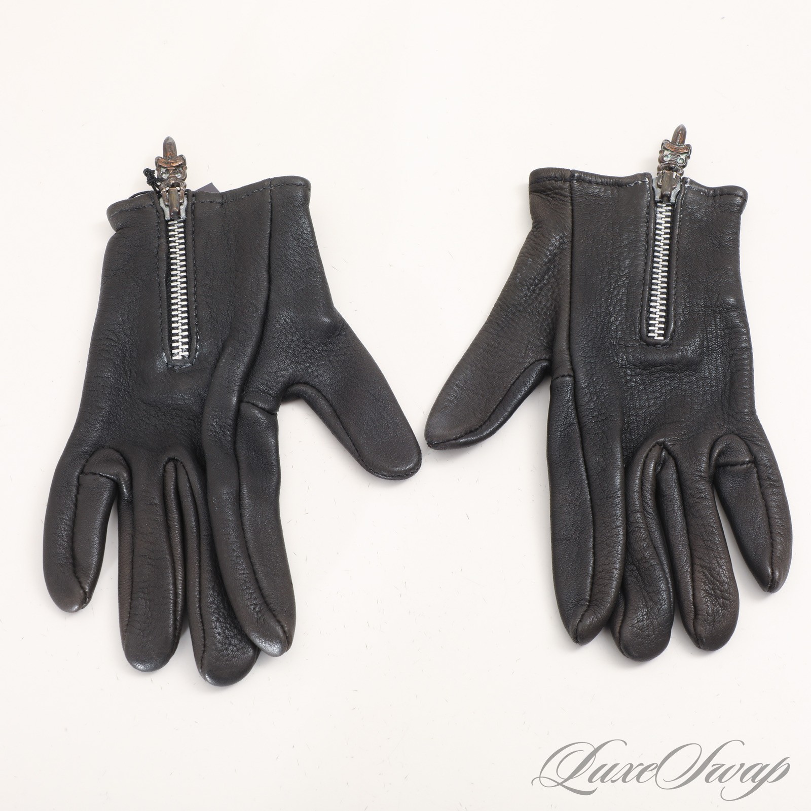 Vintage Y2K Chrome Hearts Black Unlined Leather Cemetary Dagger Zip Gloves 6.5