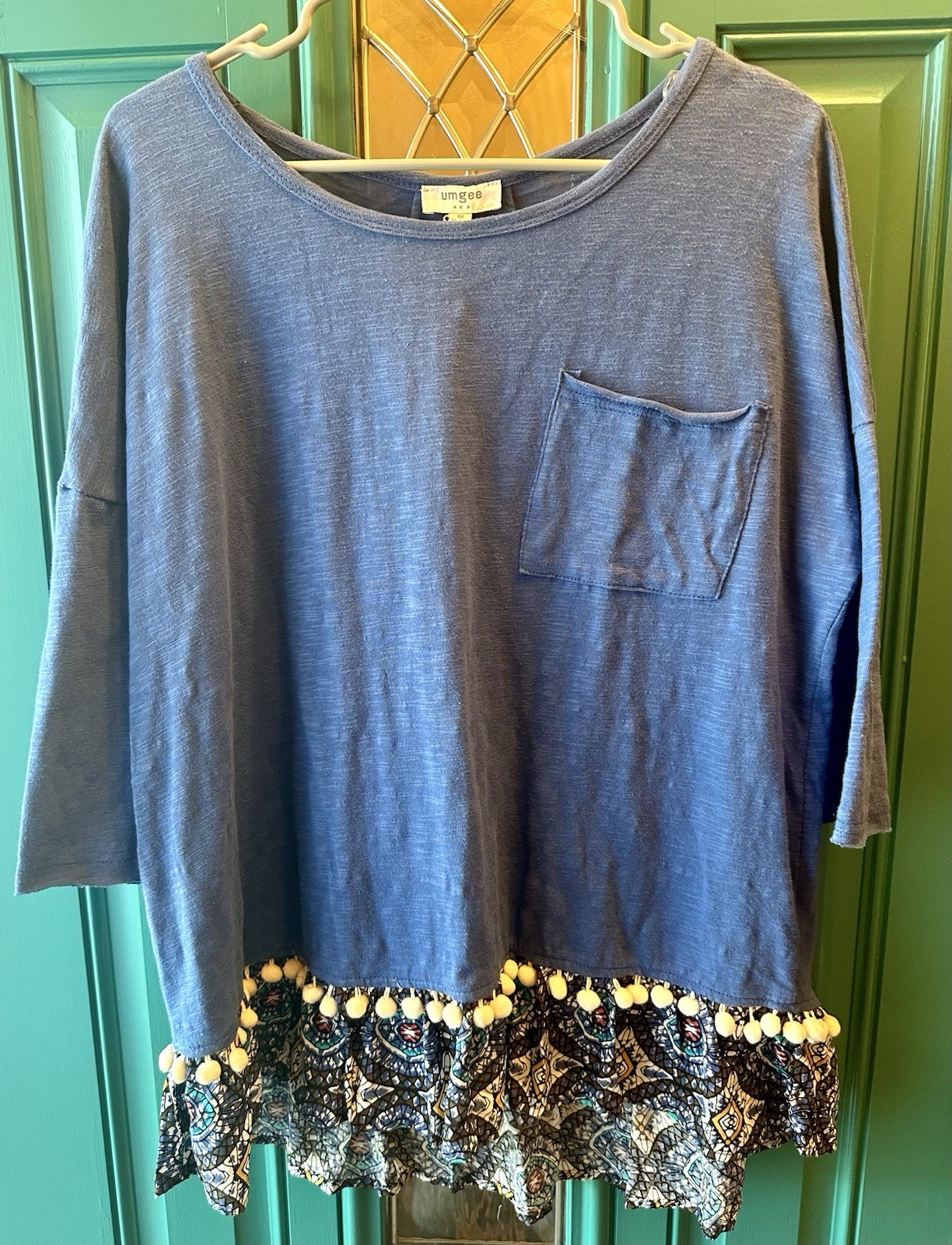 Umgee Pom Pom Trim Mixed Print Ruffle Hem Pocket Tunic Top Blouse Blue Size M