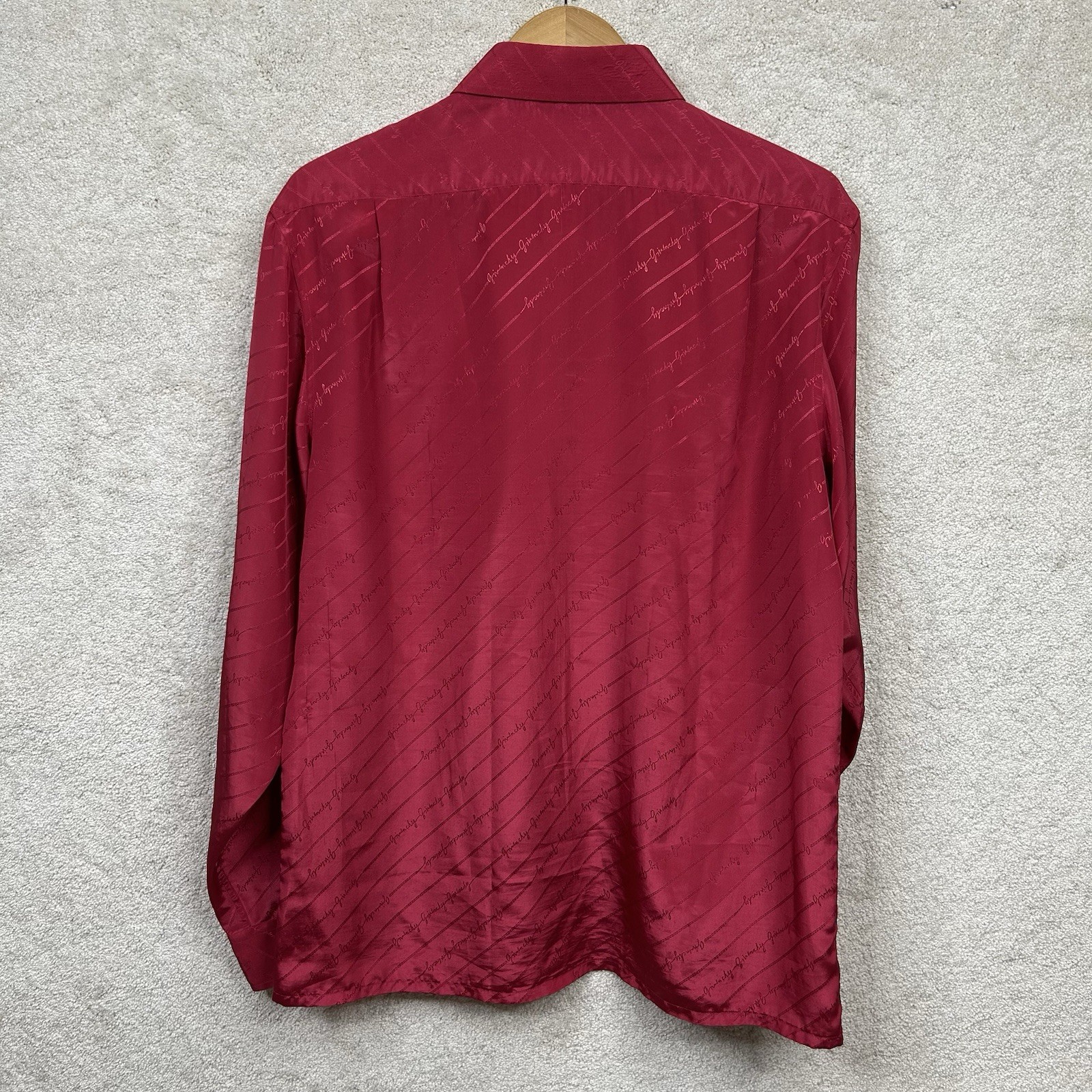 Vintage 70’s GIVENCHY for Chesa Men’s Red Logo Script Satin Disco Button Shirt L