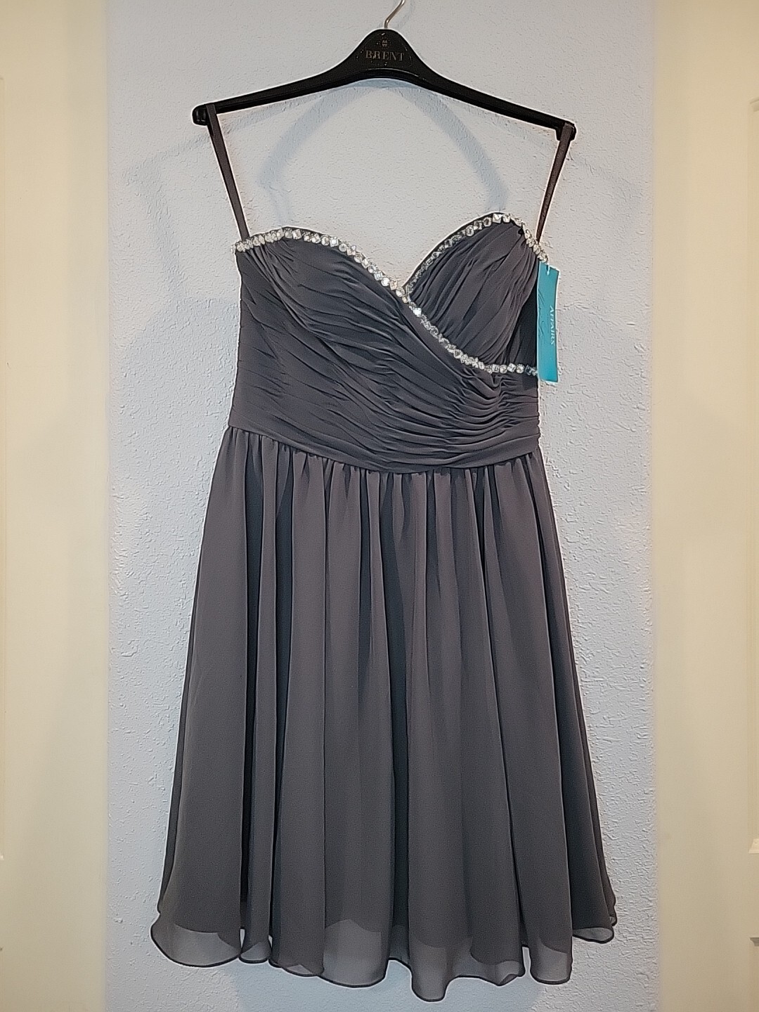 Mori Lee Grey Chiffon Dress Sz 12 NWT Homecoming Bridal Formal Strapless Mini