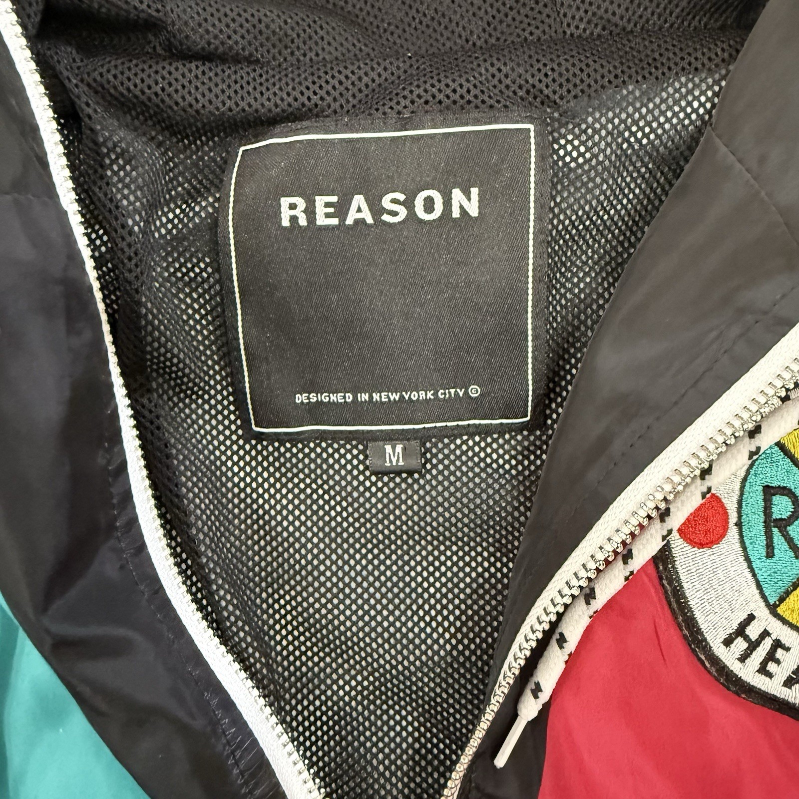 Reason Jacket Men Medium Black Neo Abstract Windbreaker Hip Hop Streetwear Y2K