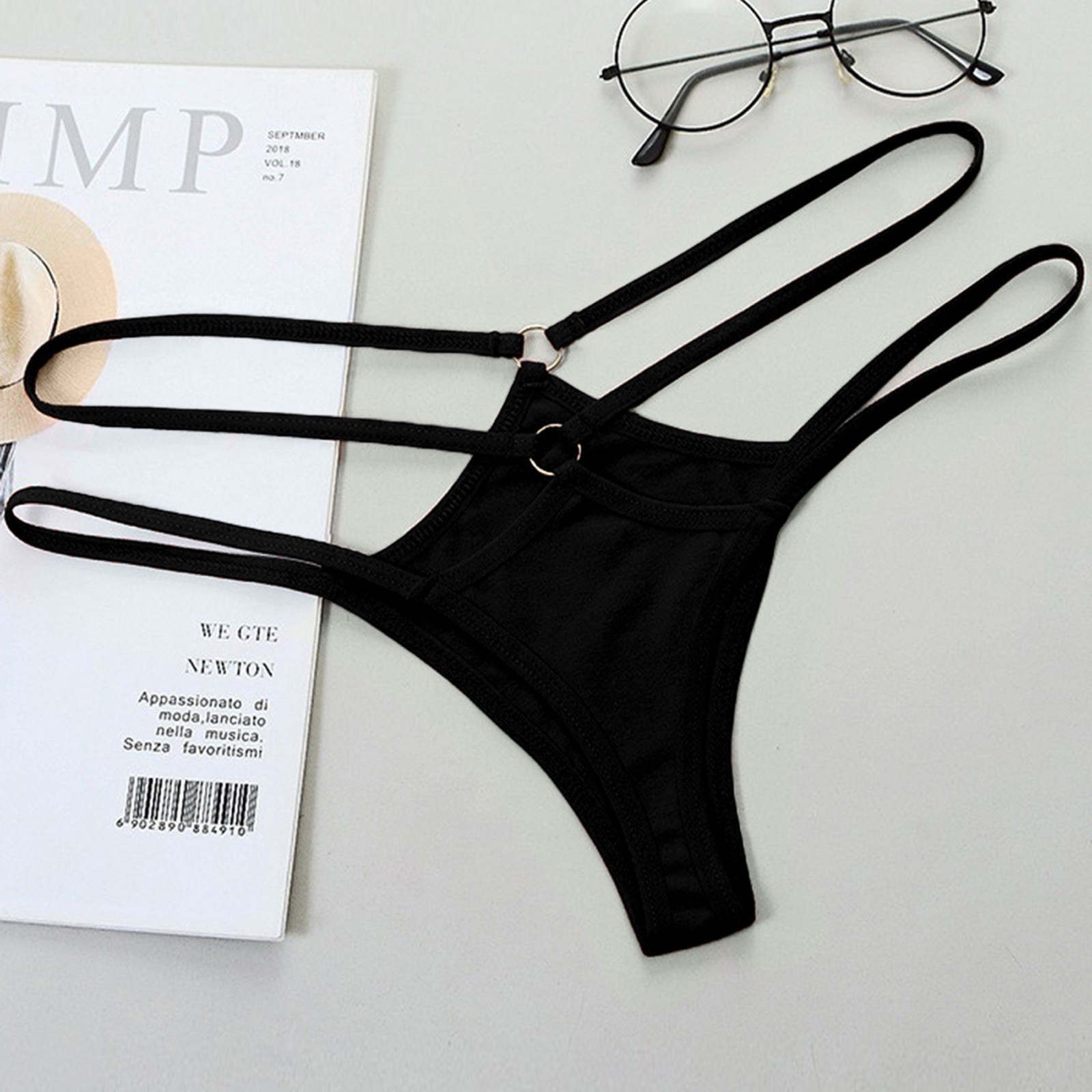Women’s Black Strappy Stretch Thong Panties Low Rise Ring Strap,Size S