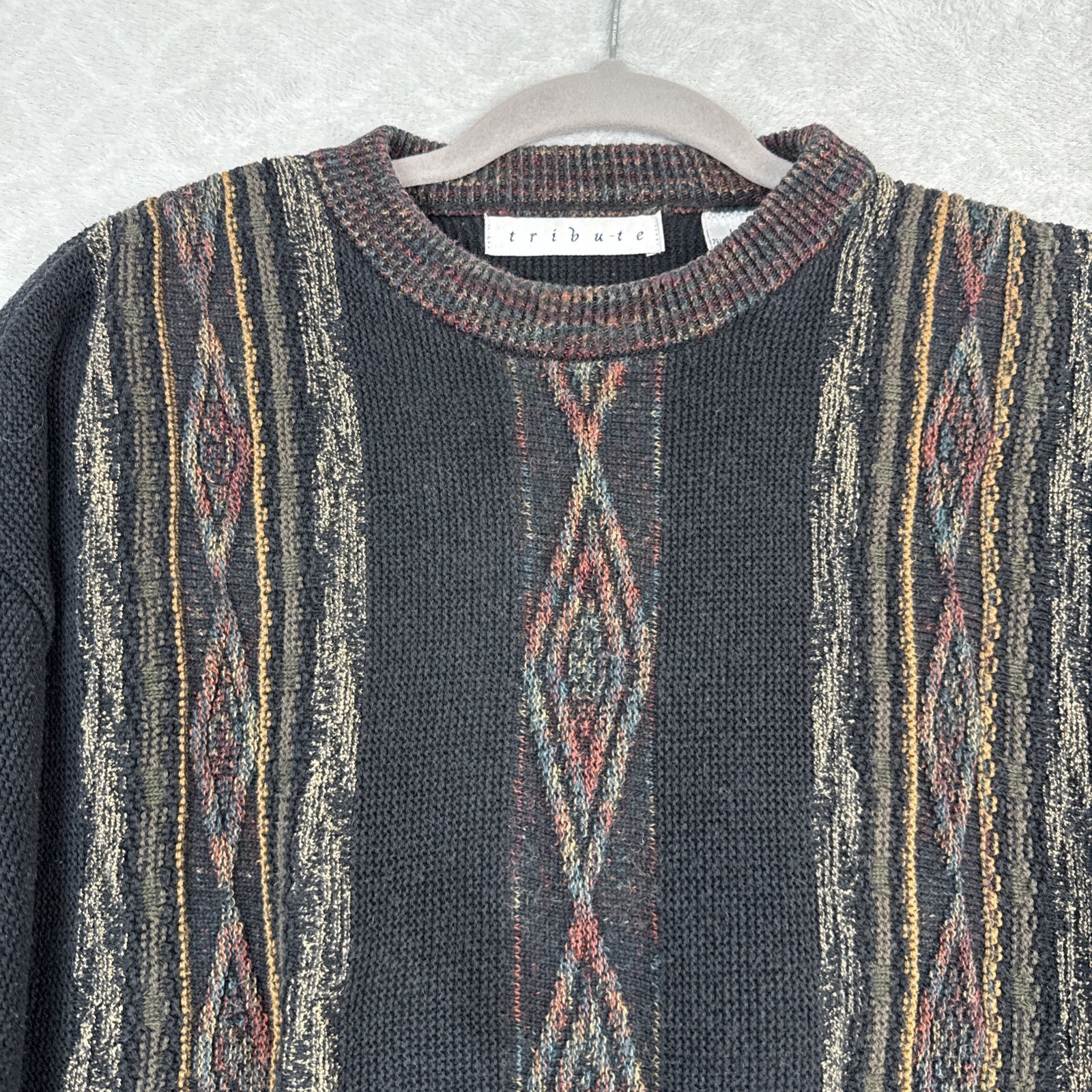 Vtg 3D Knit Crewneck Sweater Mens L Geometric 90s 80s Hip Hop Cosby Grunge Coogi
