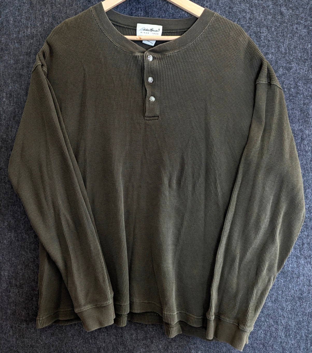 Vintage 90s Eddie Bauer Waffle Knit Henley Shirt Men’s Size XL 100% Cotton Green