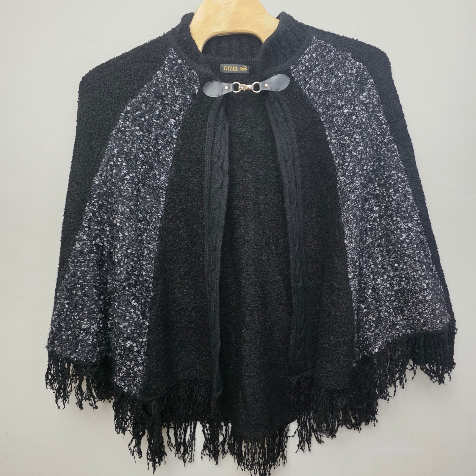 GIZEL Black Textured Knit Fringe Poncho Cape Cardigan Coat Warm