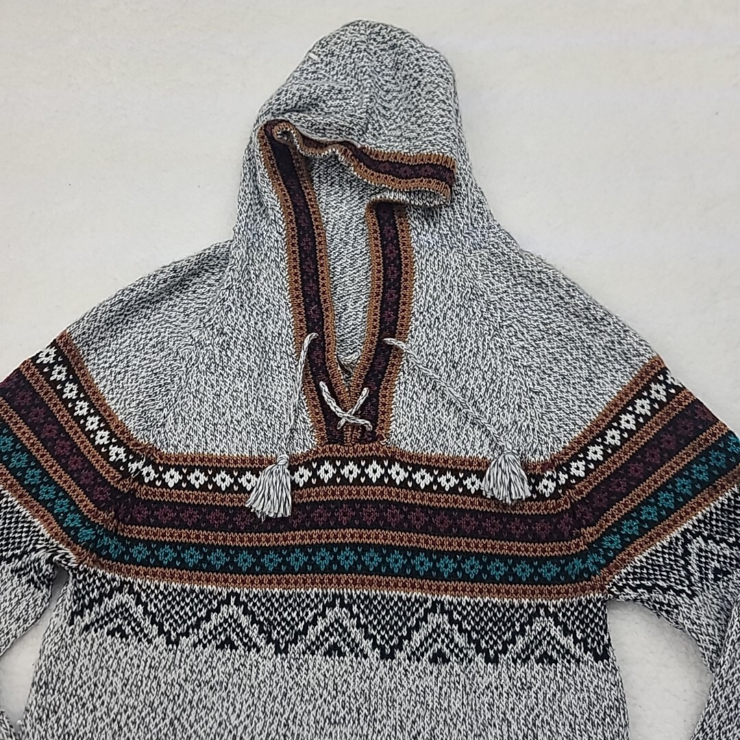 Tejido & Arte Alpaca Sweater Adult XL Gray Fringe Hooded Poncho Aztec Print Soft