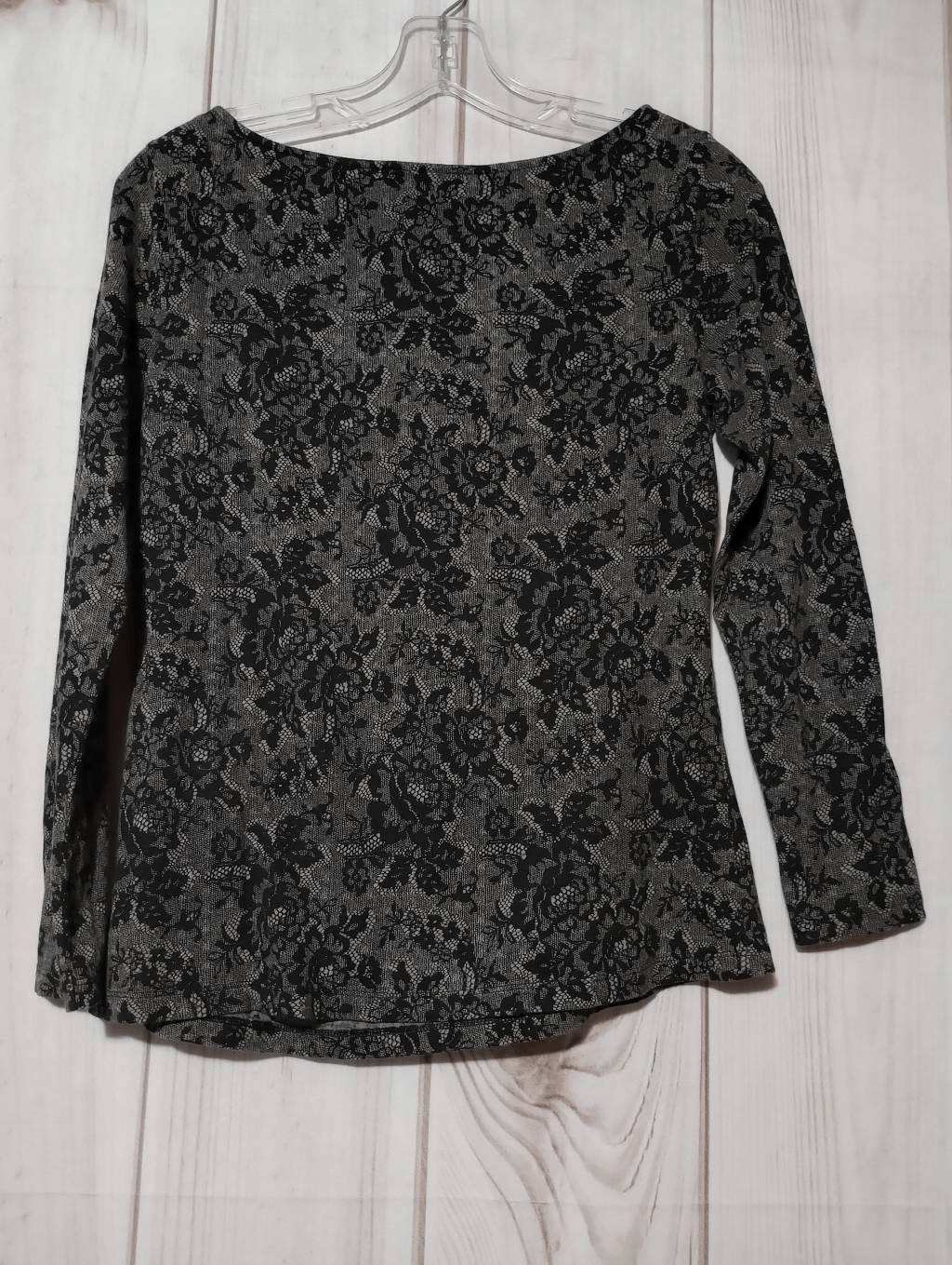 Elle Shirt Ladies Extra Small Black Gray Floral Boat Neck Long Sleeve