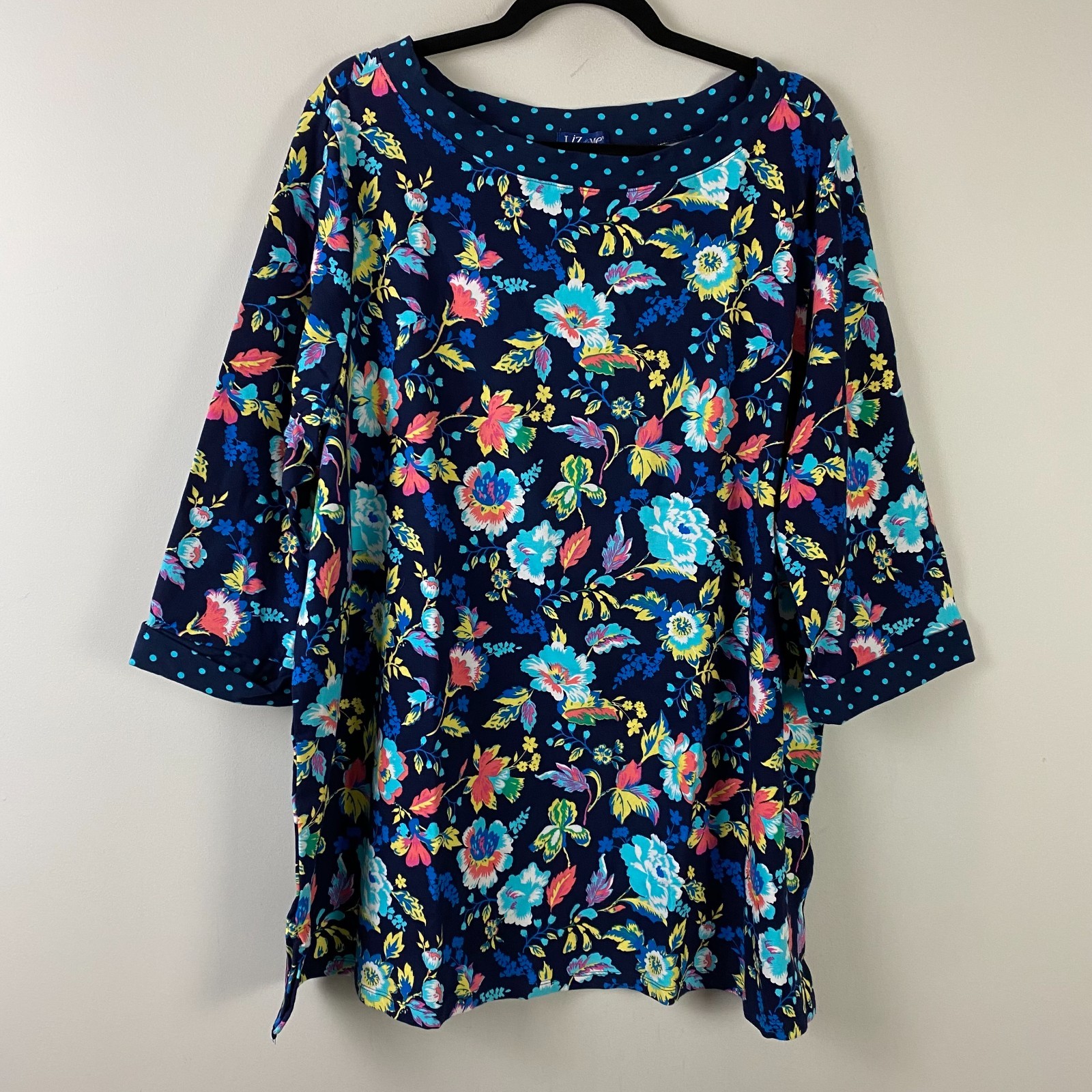 Liz & Me Navy Floral Boat Neck Top Size 1X Cotton 3/4 Sleeves