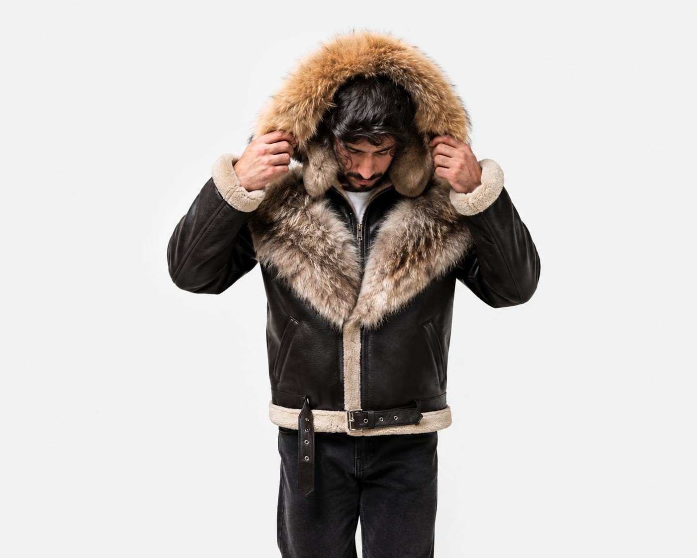 Men’s Genuine Sheepskin Shearling Leather Jacket Hooded Fur Trim Winter Coat