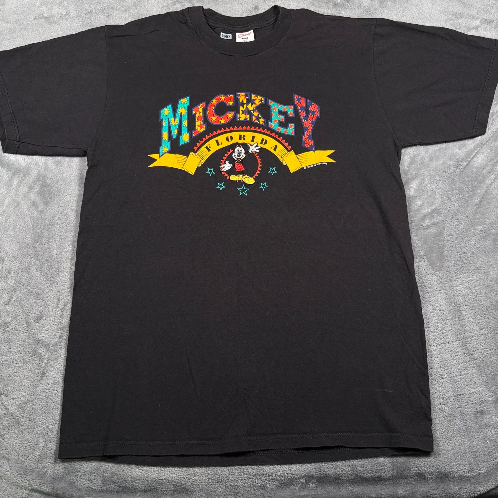Vintage 90s Mickey Mouse Florida T-Shirt Mens Large Black Cotton Sherry’s Best
