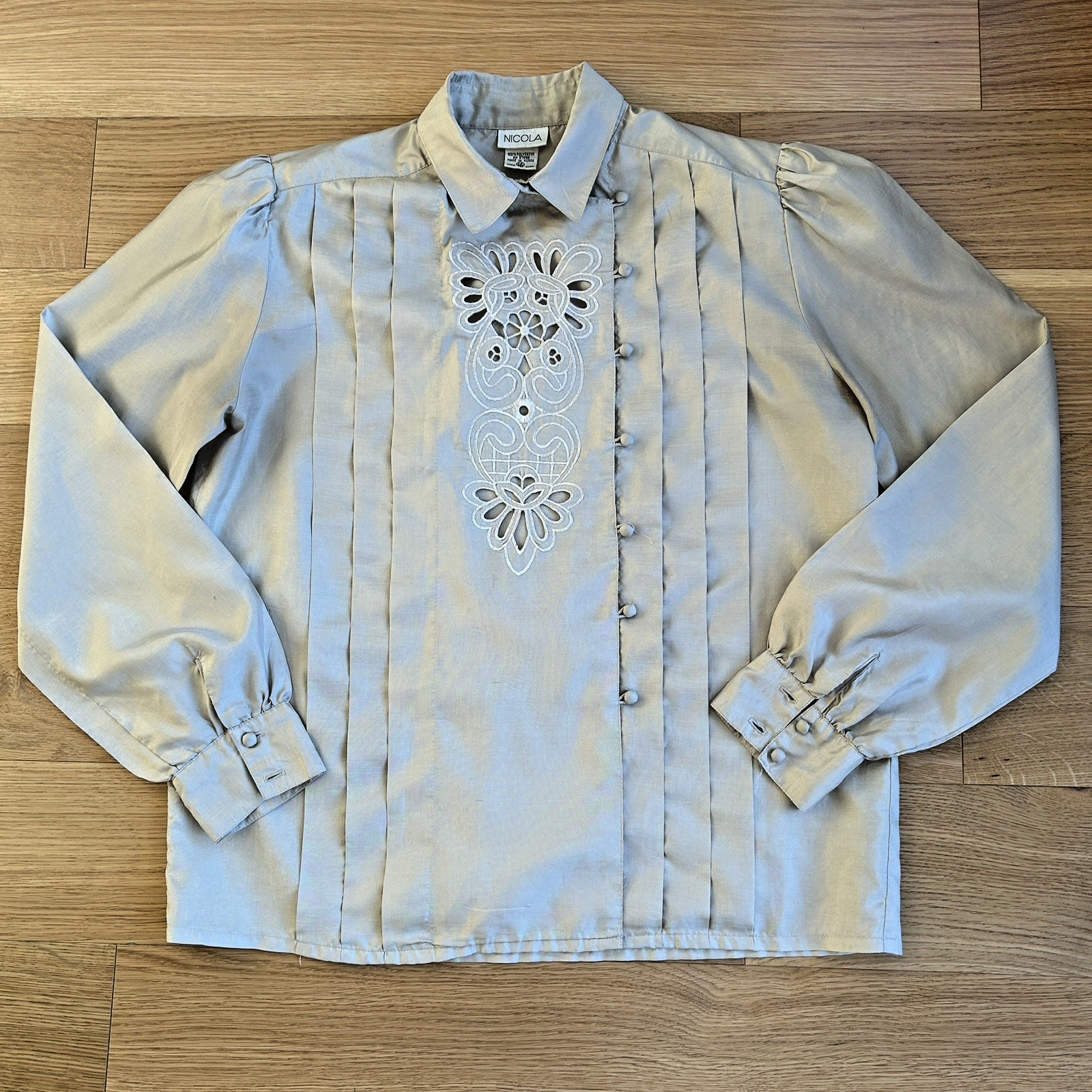 Vintage Nicola Womens Blouse Camel Tan Lace Cutout Shoulder Pads 80’s Pleats