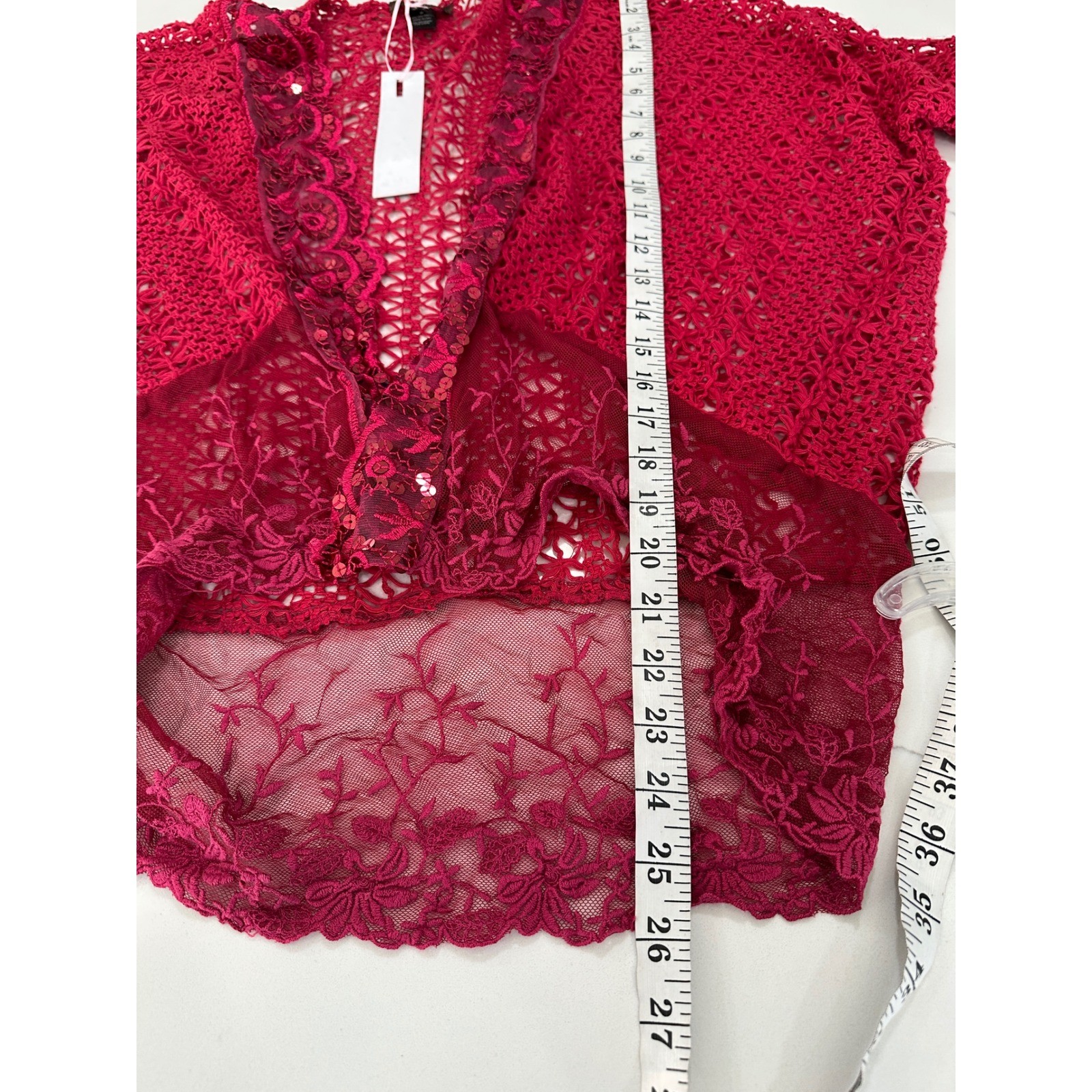 Hazel and Twine Red Lace Sequin Open Front Cardigan Bolero Shrug Sweater S