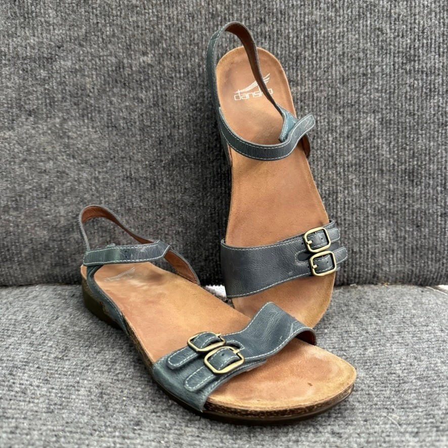 Dansko Rebekah Slate Blue Leather Buckle Ankle Strap Sandals Womens Size 38
