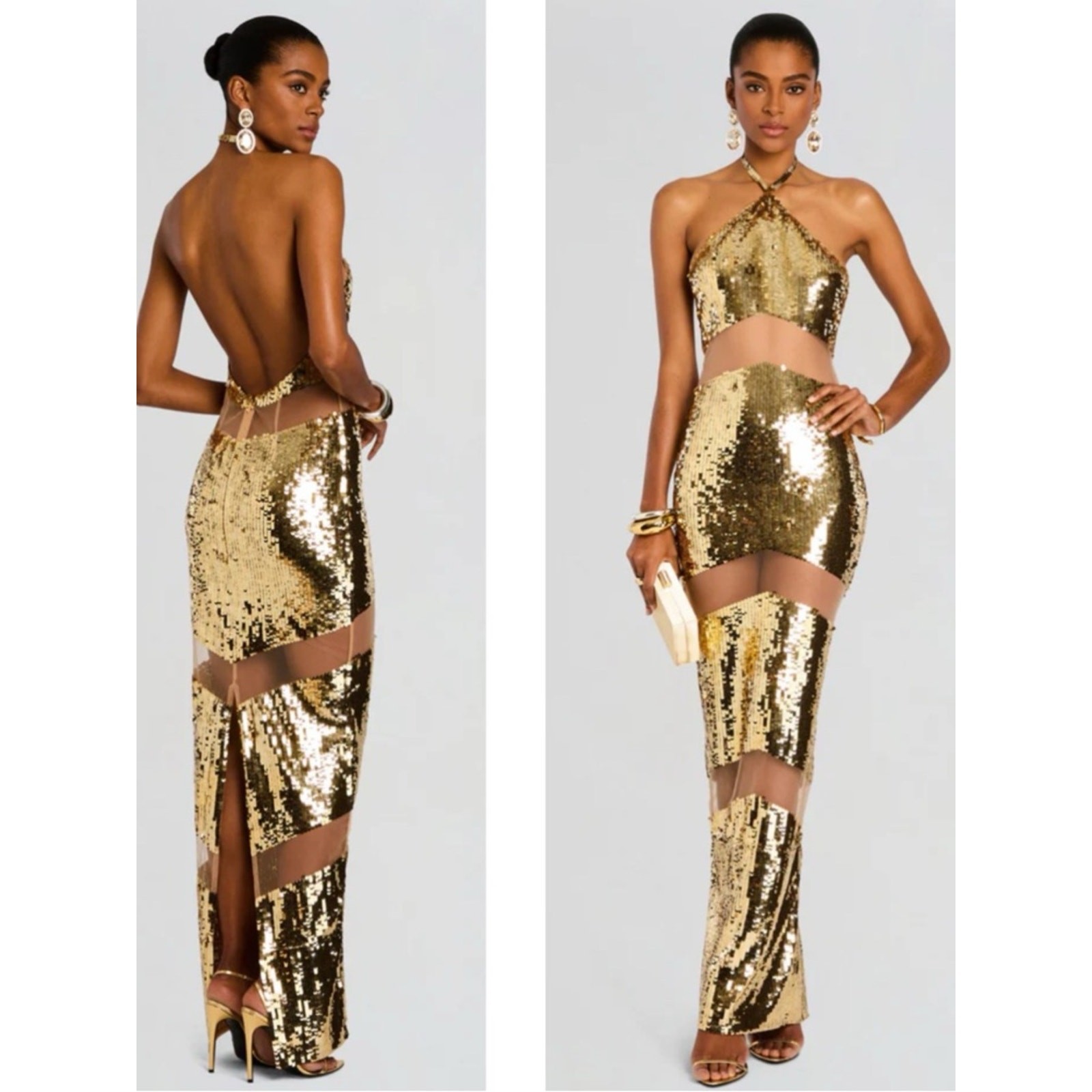 RETROFETE Kaeli Sequin Embellished Sheer Gold Maxi Dress Size Small