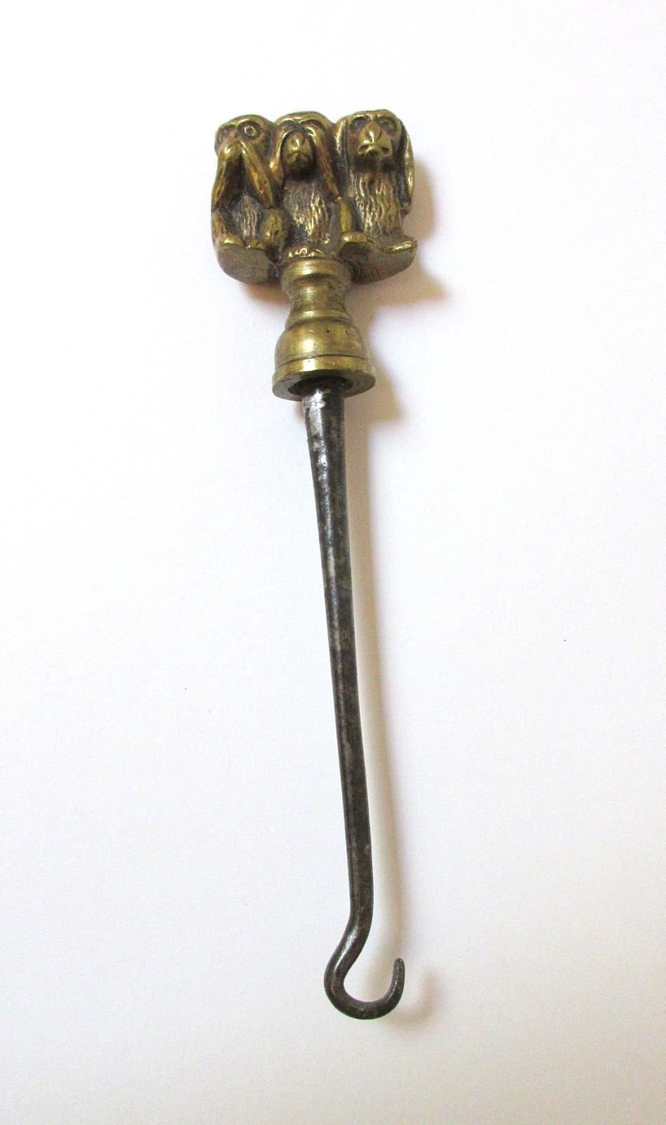 Antique Brass Button Hook Three Monkeys See No Evil