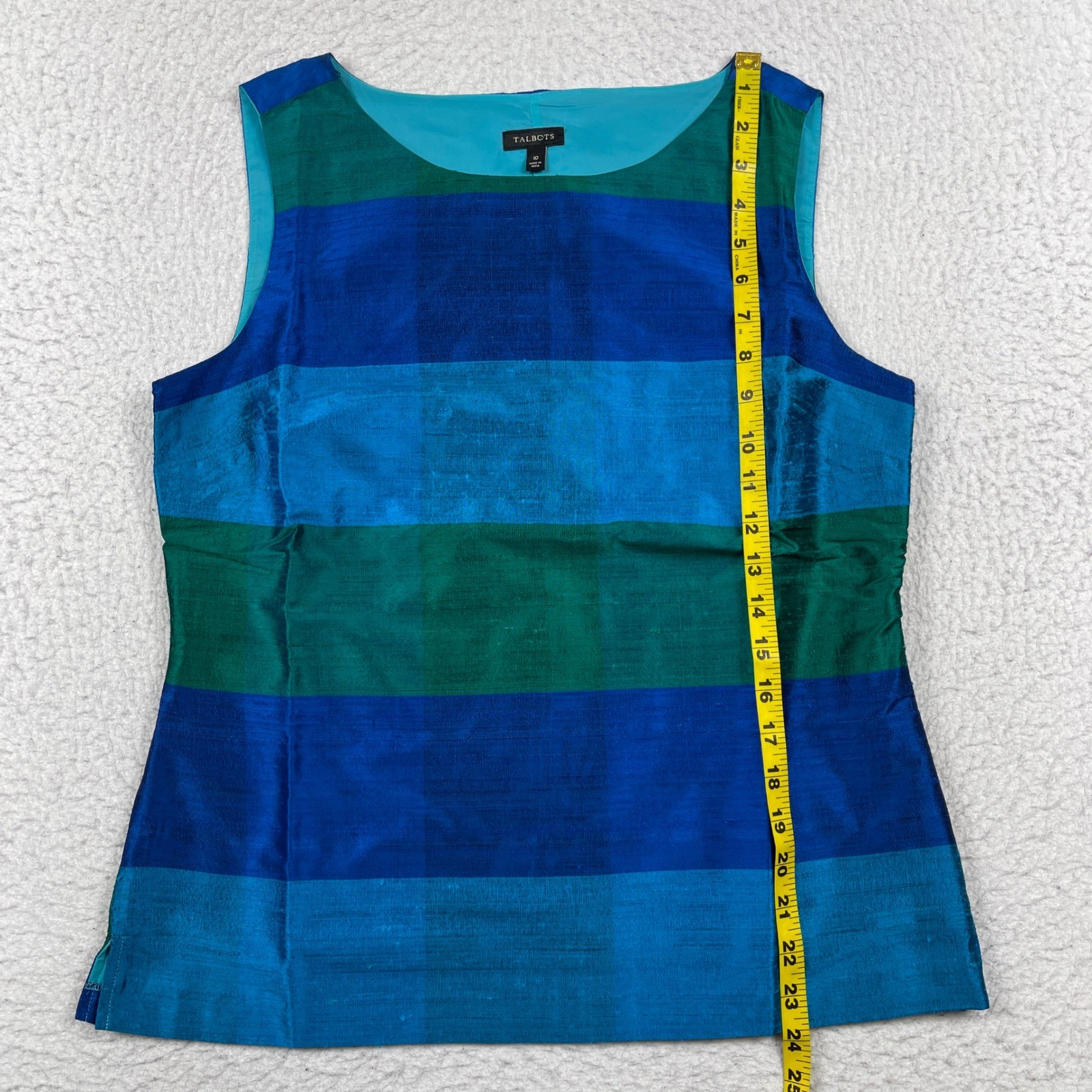 Talbots Silk Shell Top Womens 10 Blue Green Striped Sleeveless Boat Neck Blouse