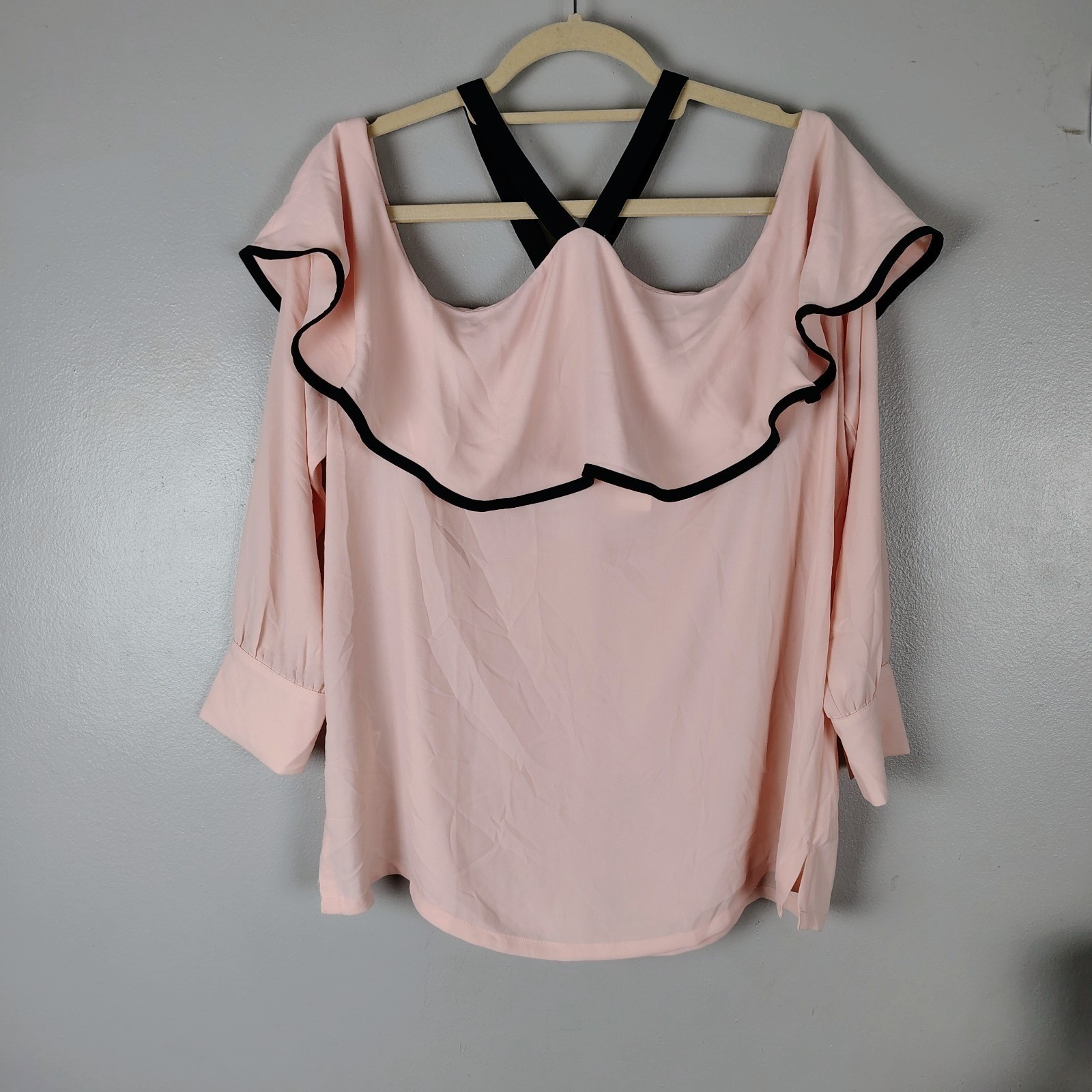 NWT LOFT Blush Pink Off Shoulder Ruffle Blouse Strappy Neck Trim Top feastive