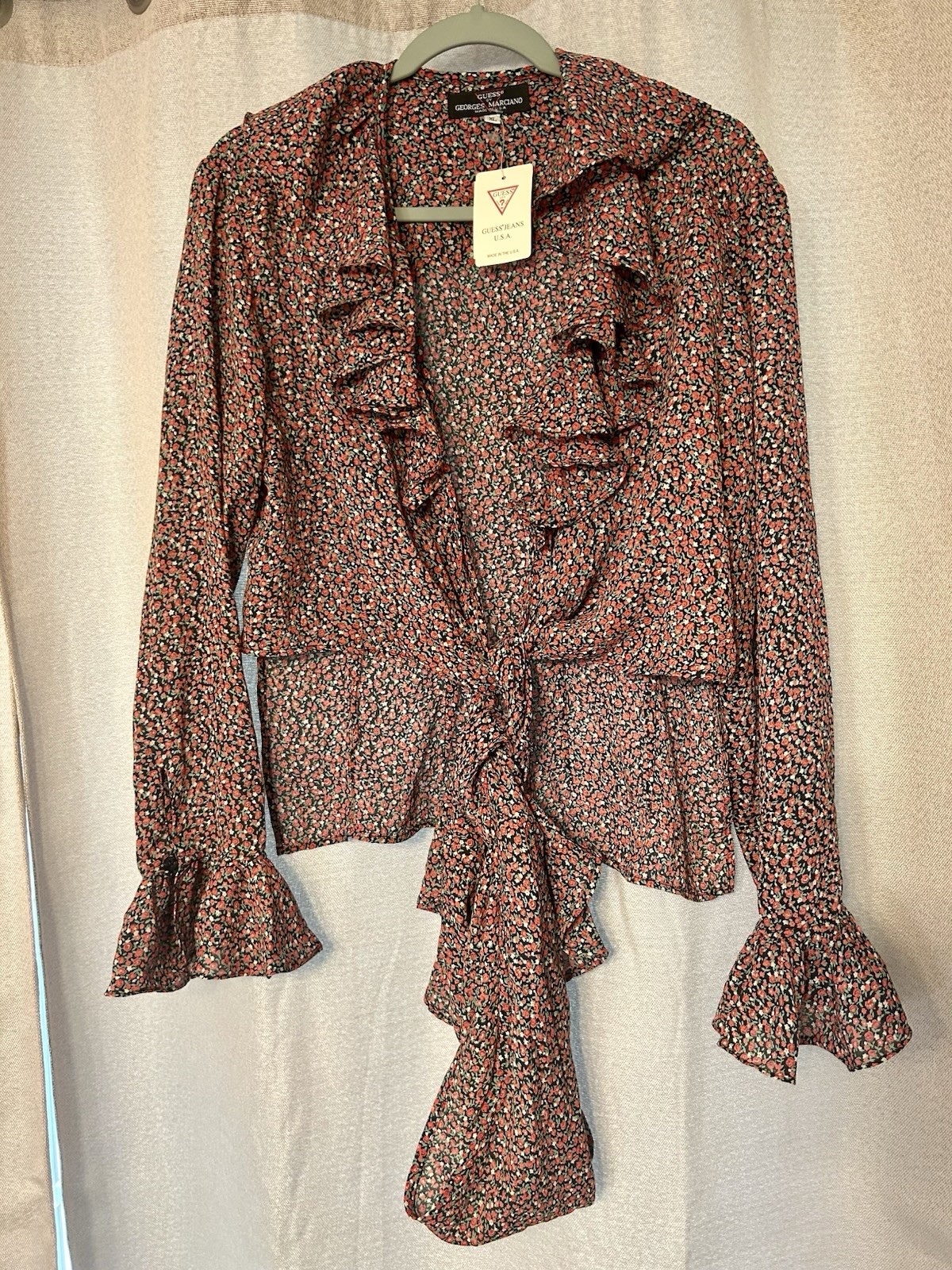 GUESS by Georges Marciano Women’s XL Red Floral Collared Ruffle Tie Blouse
