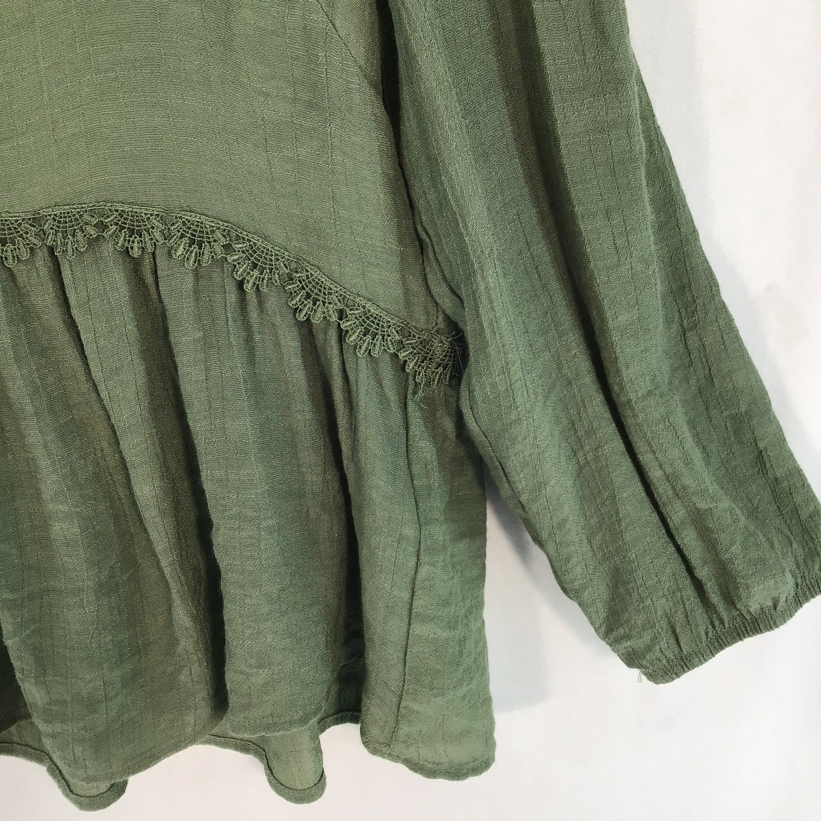 Babydoll Cottage Core Peasant Blouse Top Medium Moss Green Embroidered Lace