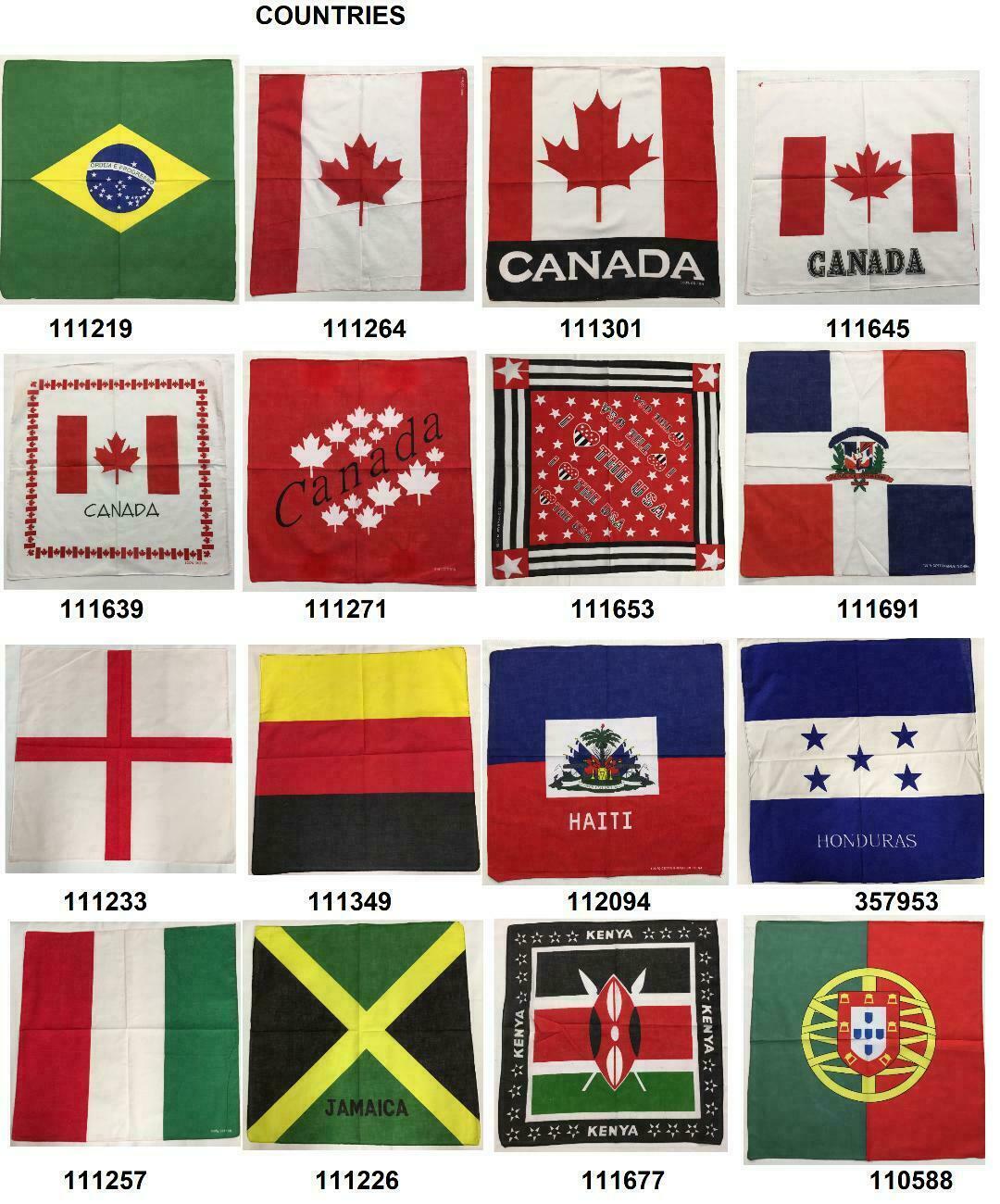 Pack 12 Mixed Countries Flags 100% Cotton American Bandanas Bulk Wholesale USA
