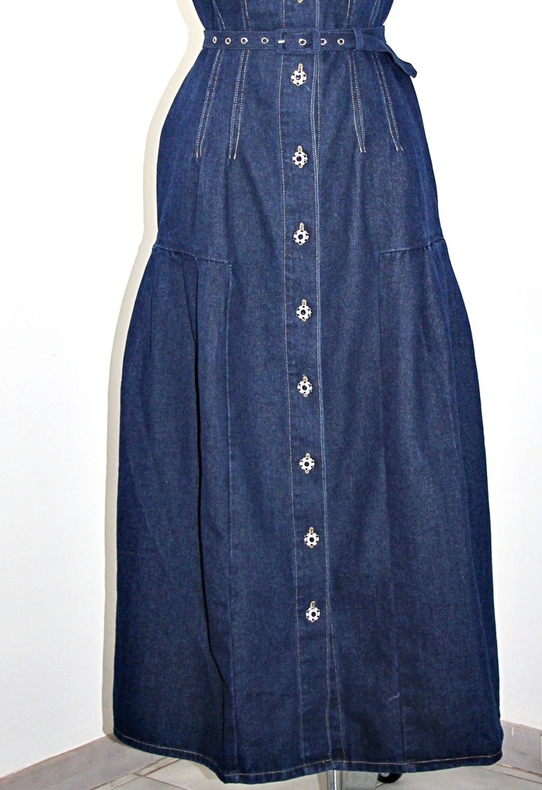 Dalia MacPhee Rhinestone Embellished Belted Tiered 56″ Long Denim Shirt Dress M