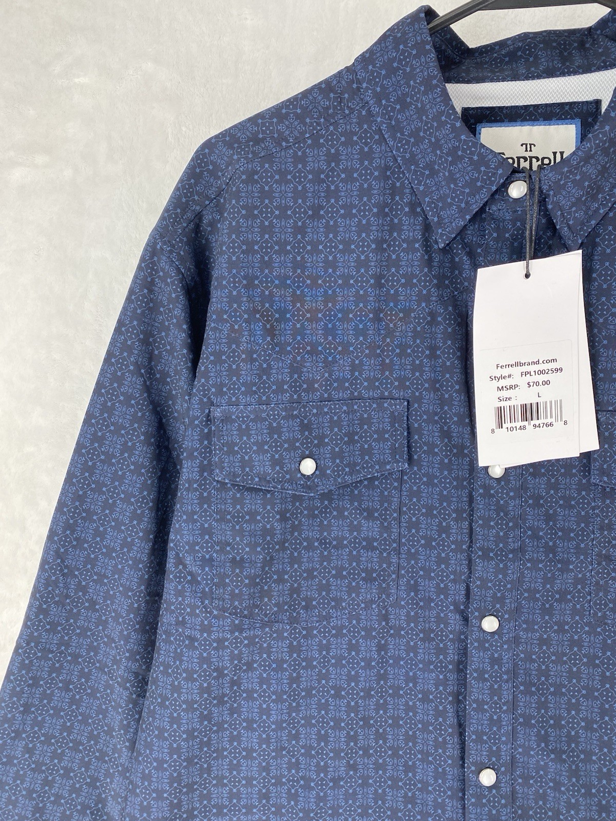 Ferrell Shirt Men’s Large Blue Collin Soft Stretch Western Snap Button NEW $70