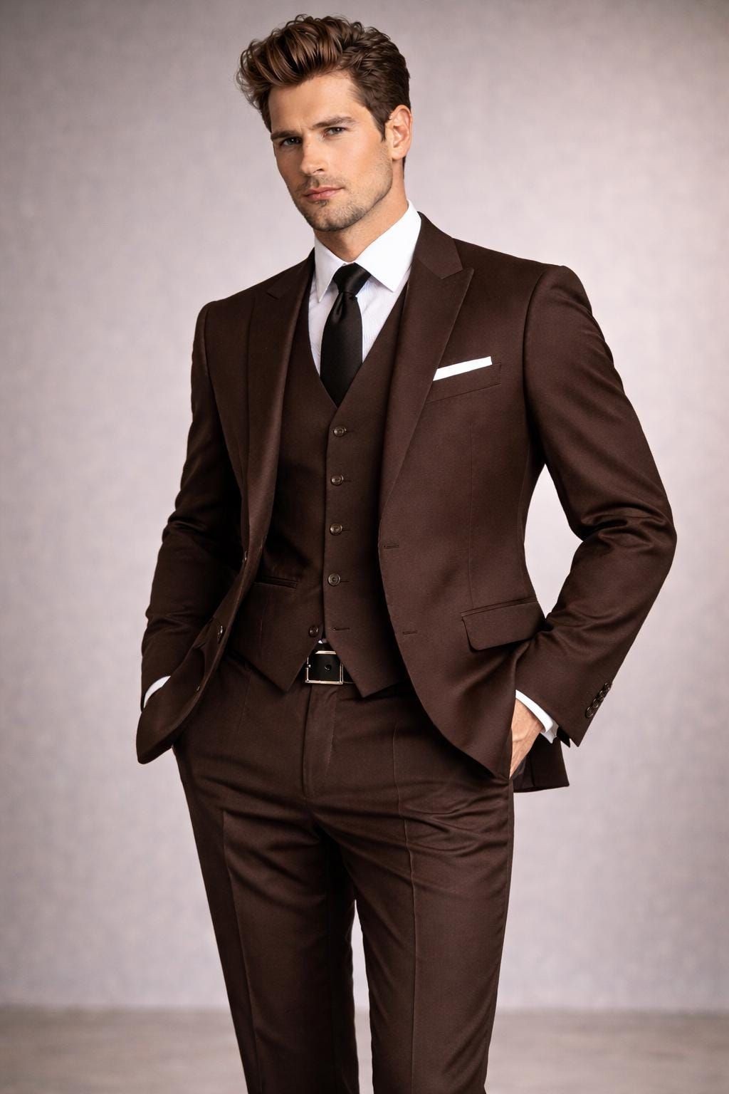 Peak Lapel Men’s Suits 3Pcs Wedding Grooms Coat Formal Evening Business Jacket