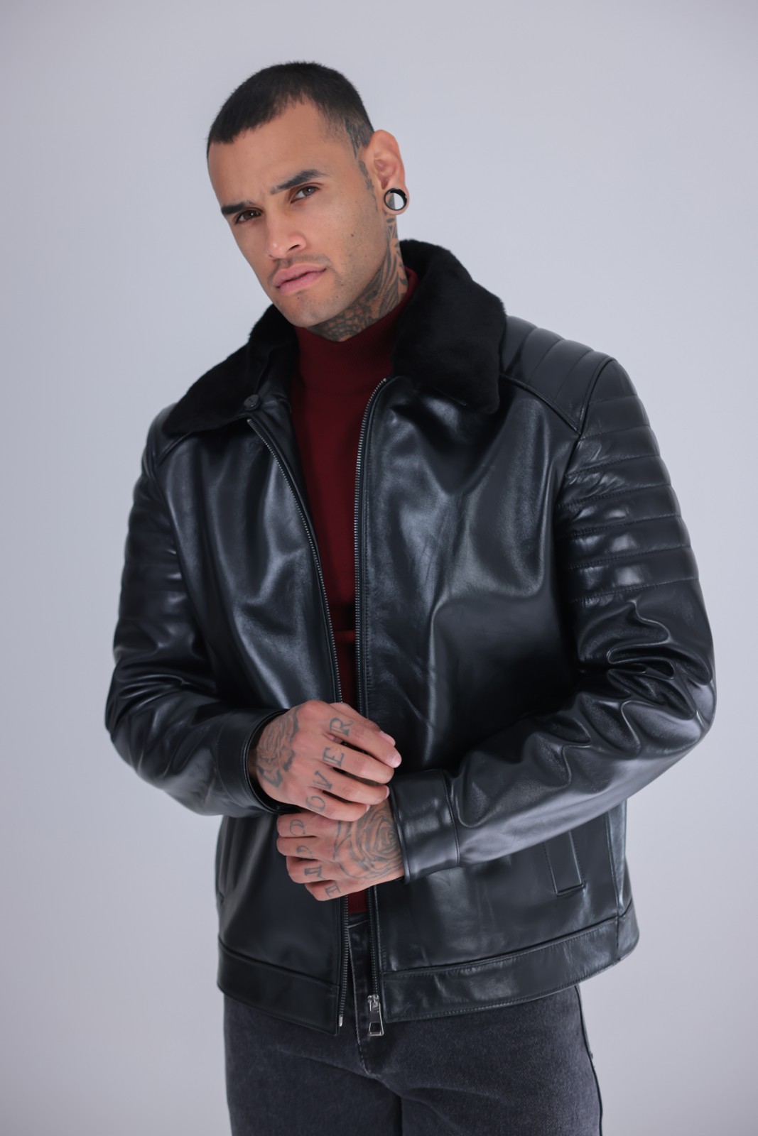 Men’s Genuine Leather Jacket Black Fur Collar Zip Moto Biker Coat 26″ – 65cm
