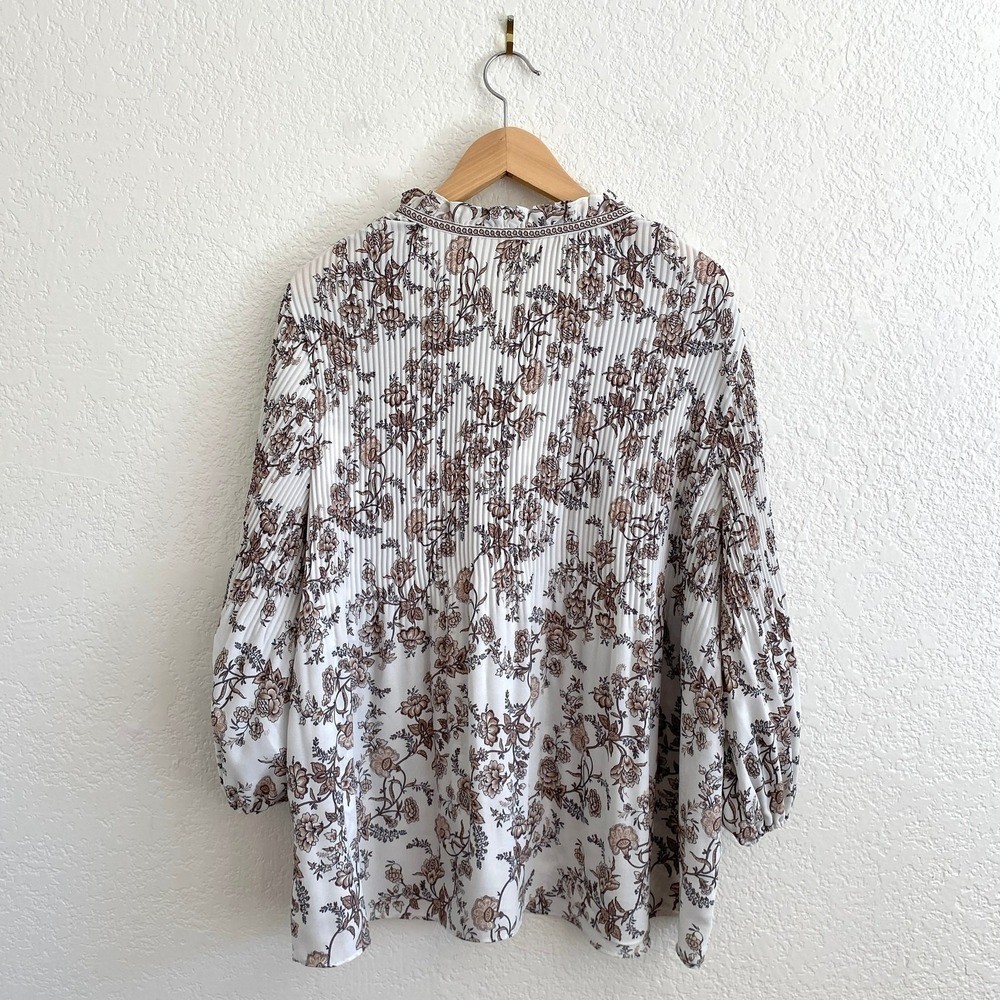 Max Studio Floral Pleated Peasant Blouse Boho Chic Balloon Sleeve Brown White 3X