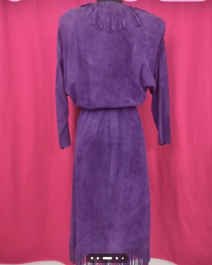 Purple Suede Fit & Flare Maxi Dress V-Neck Long Sleeve Fringe Pullover S