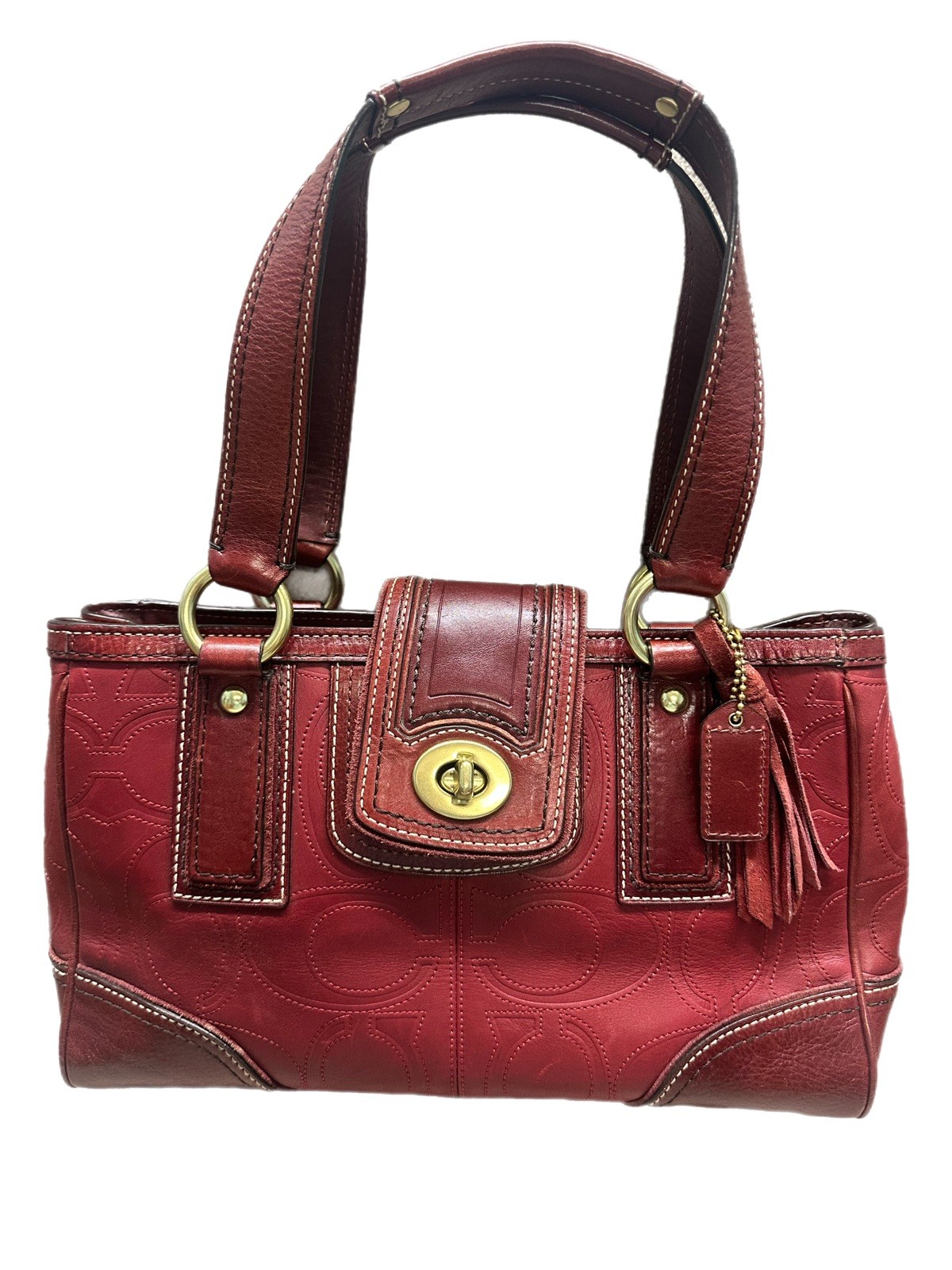 COACH VTG Y2K HAMPTONS BURGUNDY STITCH SIG MED CARRYALL TOTE SATCHEL 11330