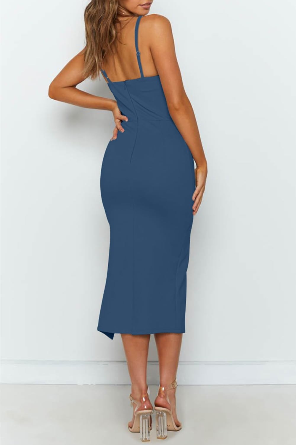 OWIN Women’s Midi Bodycon Dress Small Grey Blue Sleeveless Spaghetti Straps