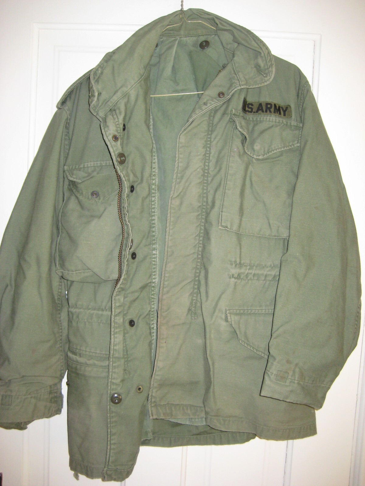 Vtge Olive Green Lined US Army Field Jacket/Coat Korean? Zip/Snap Front Sm-Med