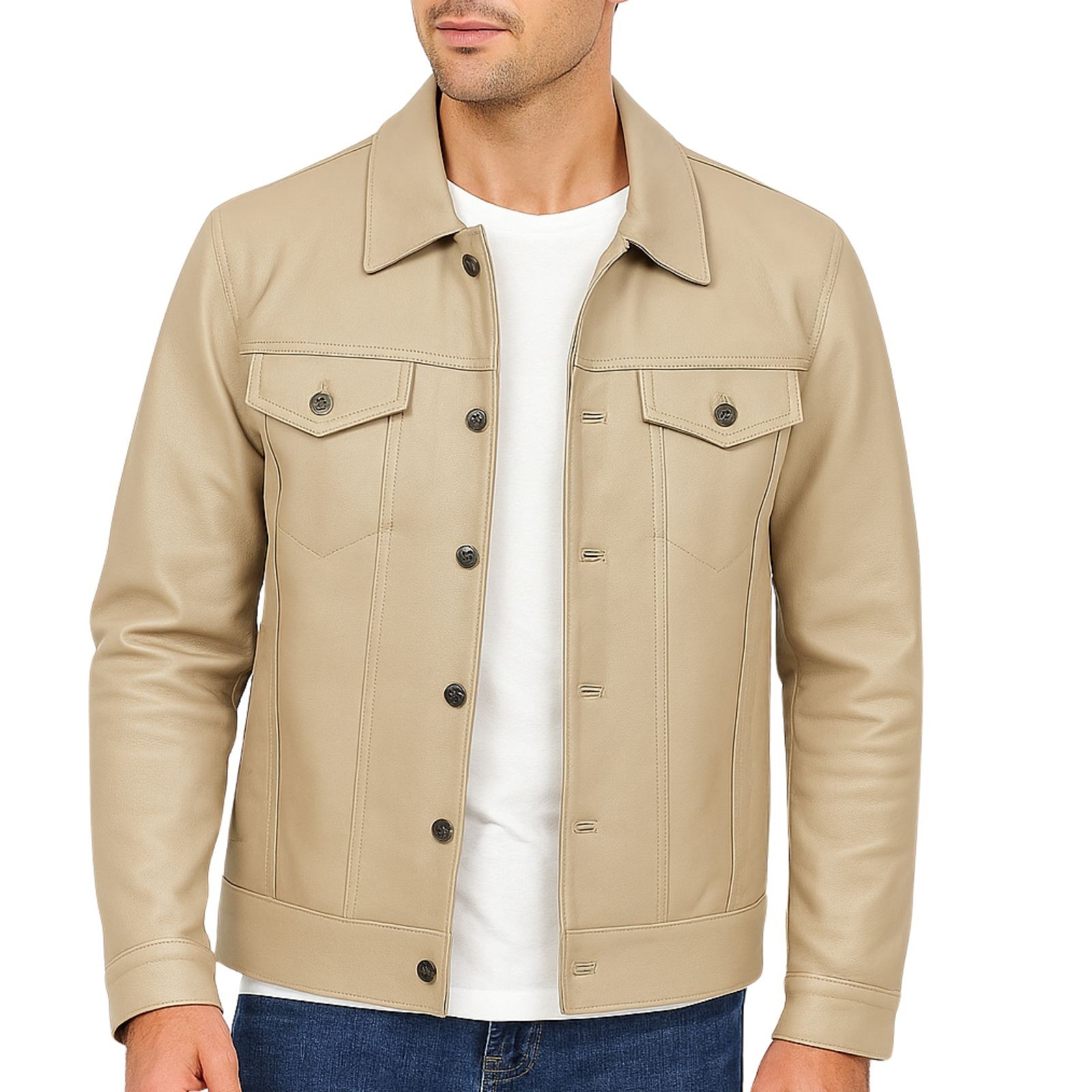 Men’s Genuine Leather Trucker Jacket Button-Up Classic Western Style Coat