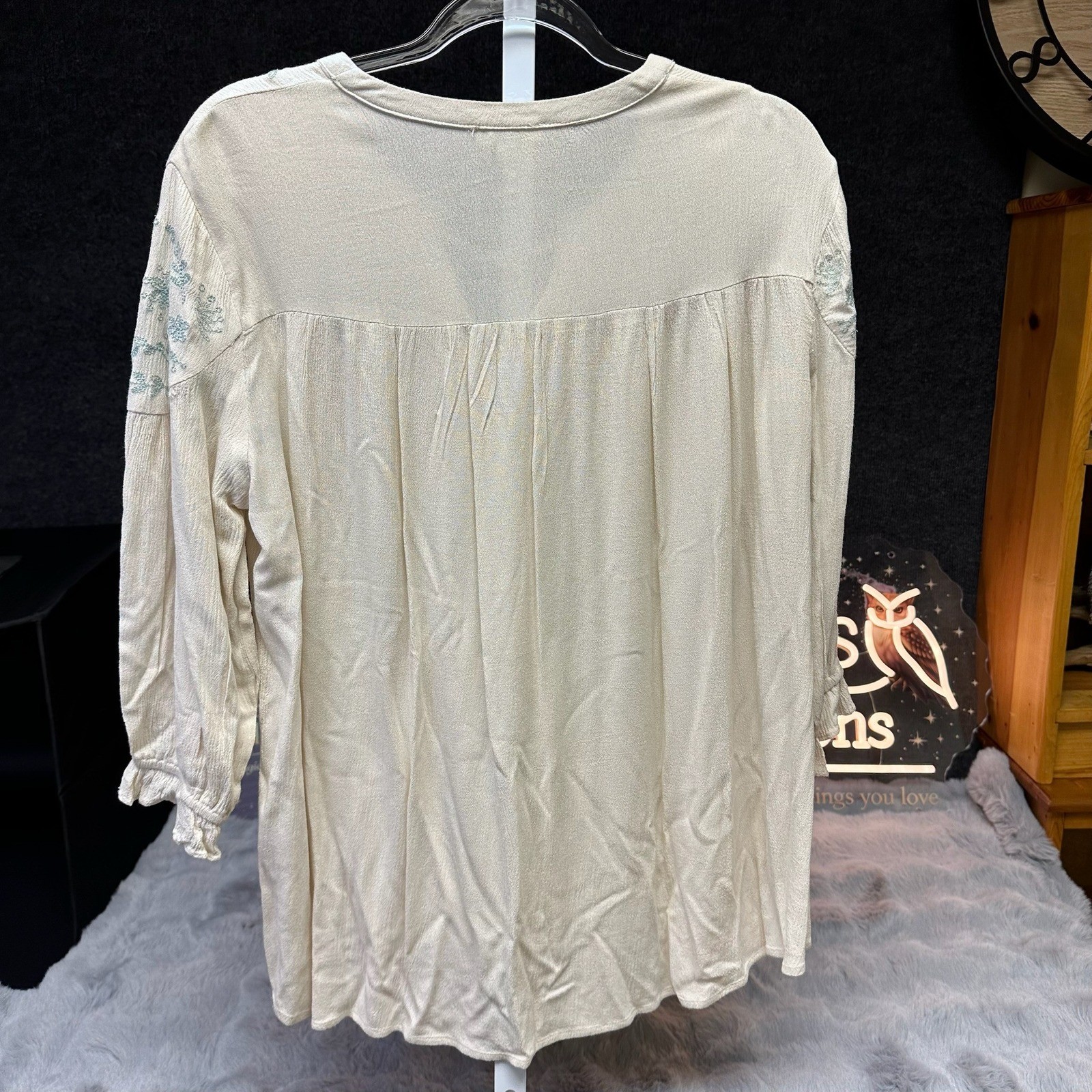 Kori America Boho Top Womens Small Cream Blue Floral Embroidered Tassel Blouse