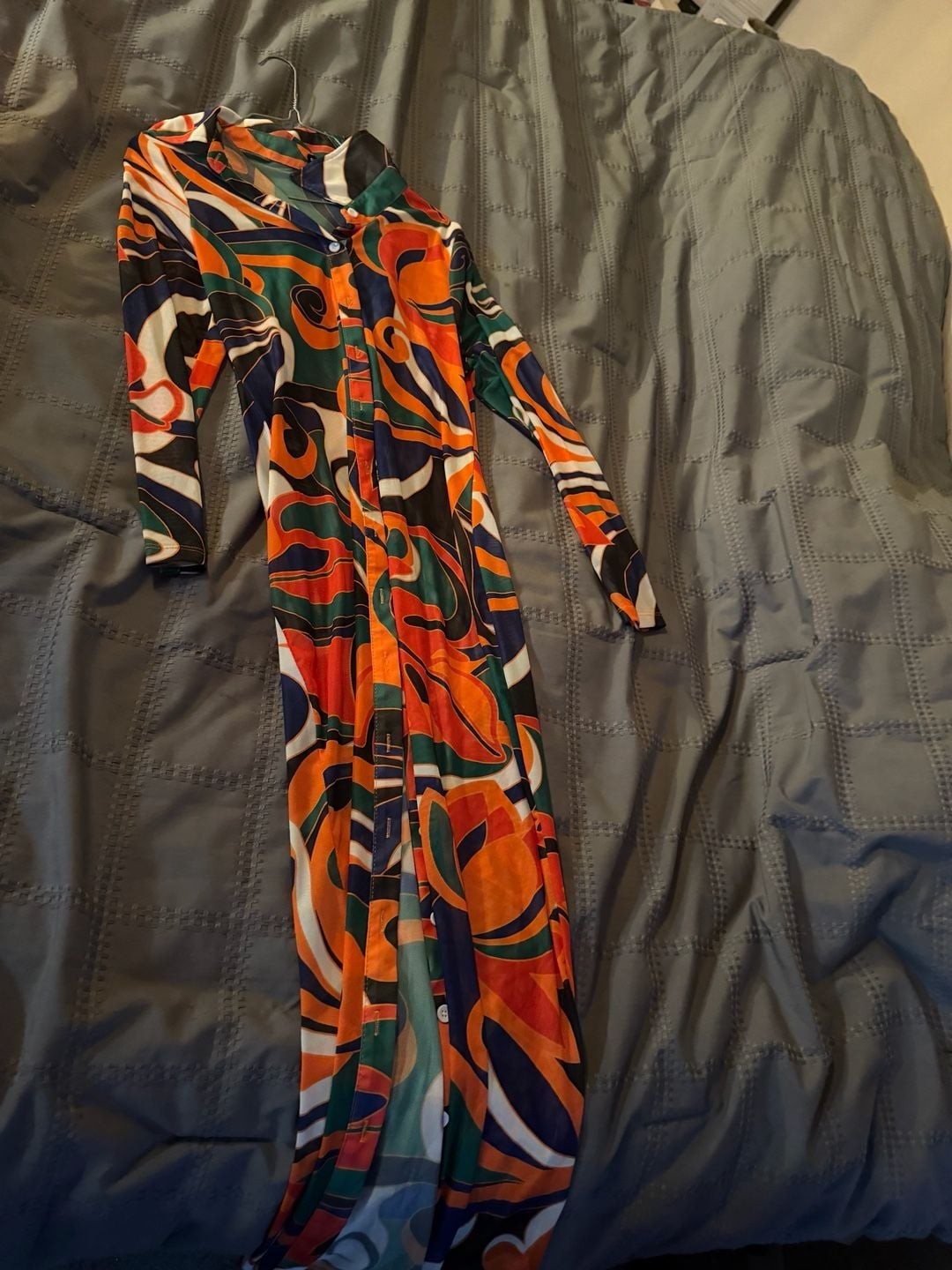 SHEIN Curve Allover Abstract Print Button Front Mesh Maxi Dress