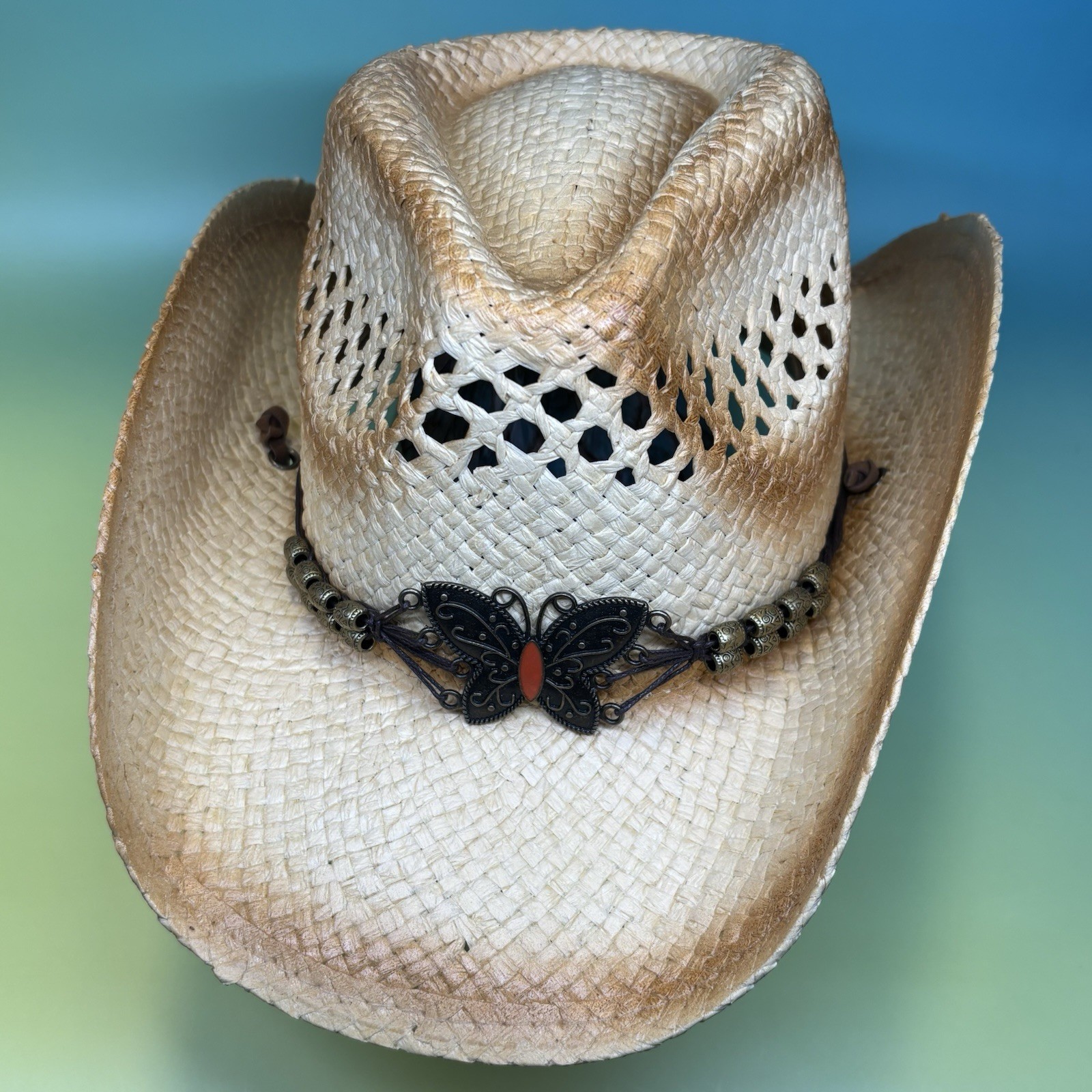 Cowboy Hat Tea-Stained Straw Western, Shapable Brim, 22in/56cm circ, butterfly