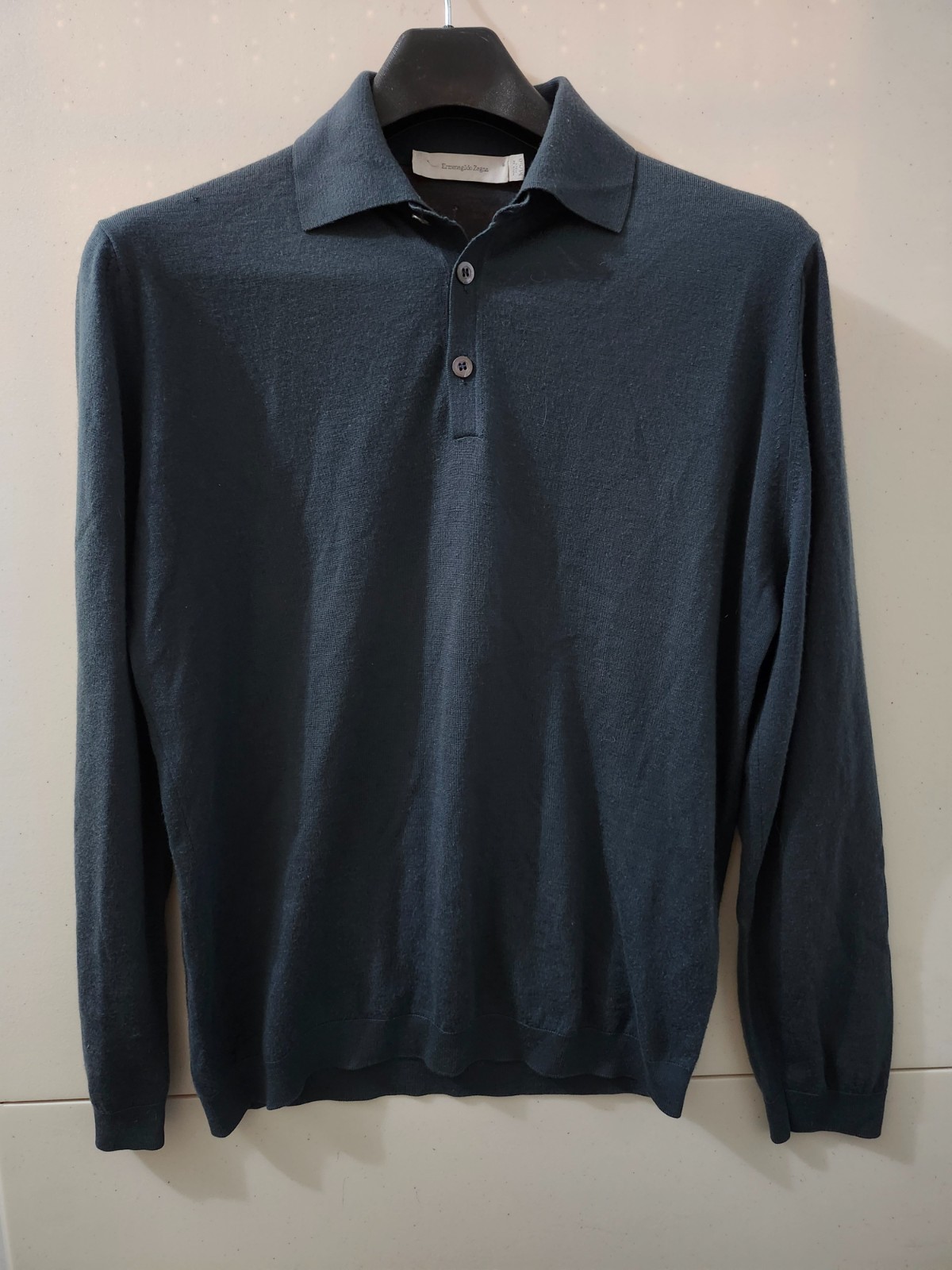 Ermenegildo Zegna Sweater Mens M Blu Polo Long Sleeve Collar Wool Cashmere Solid