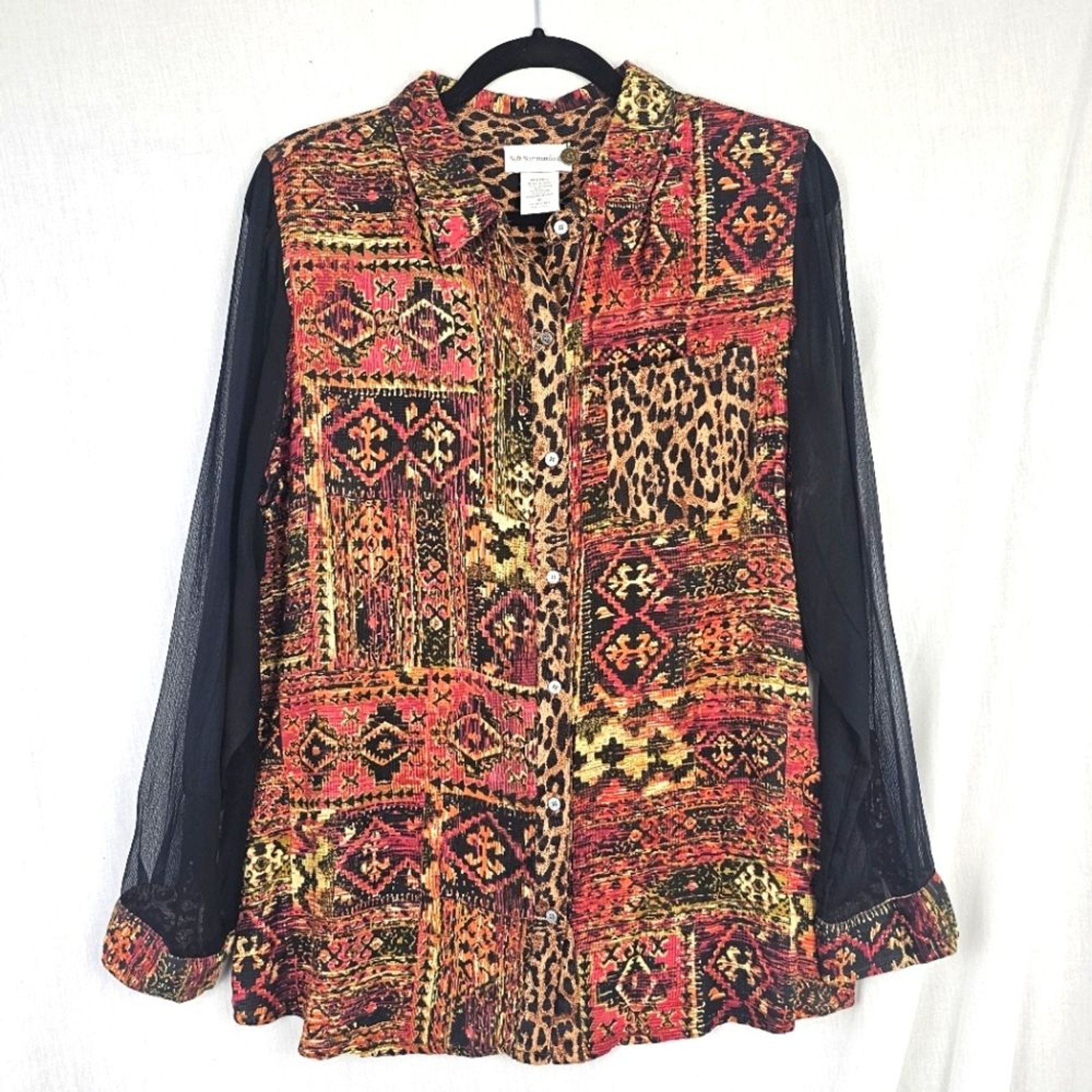 Soft Surroundings Shirt Red Black Aztec Sheer Black Sleeves Women’s Size Medium