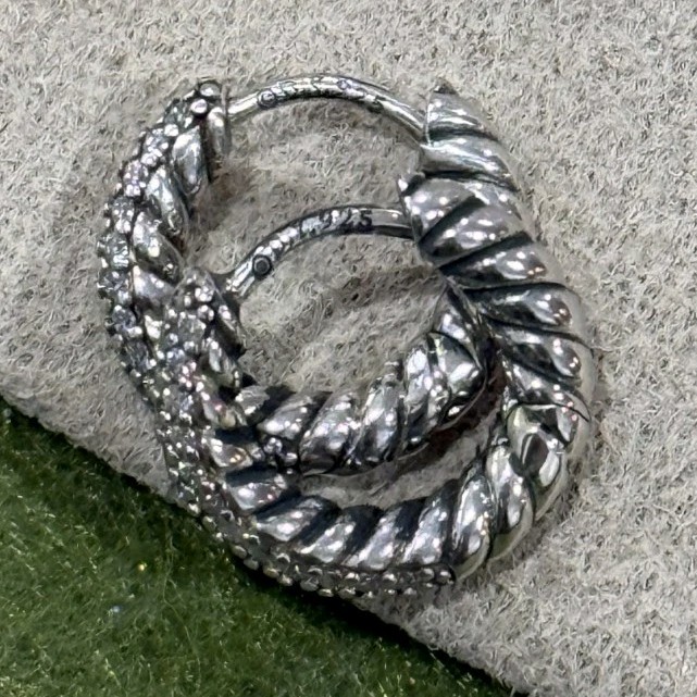 David Yurman Sterling Silver 925 Hoop Earrings Diamond Pavé 7mm