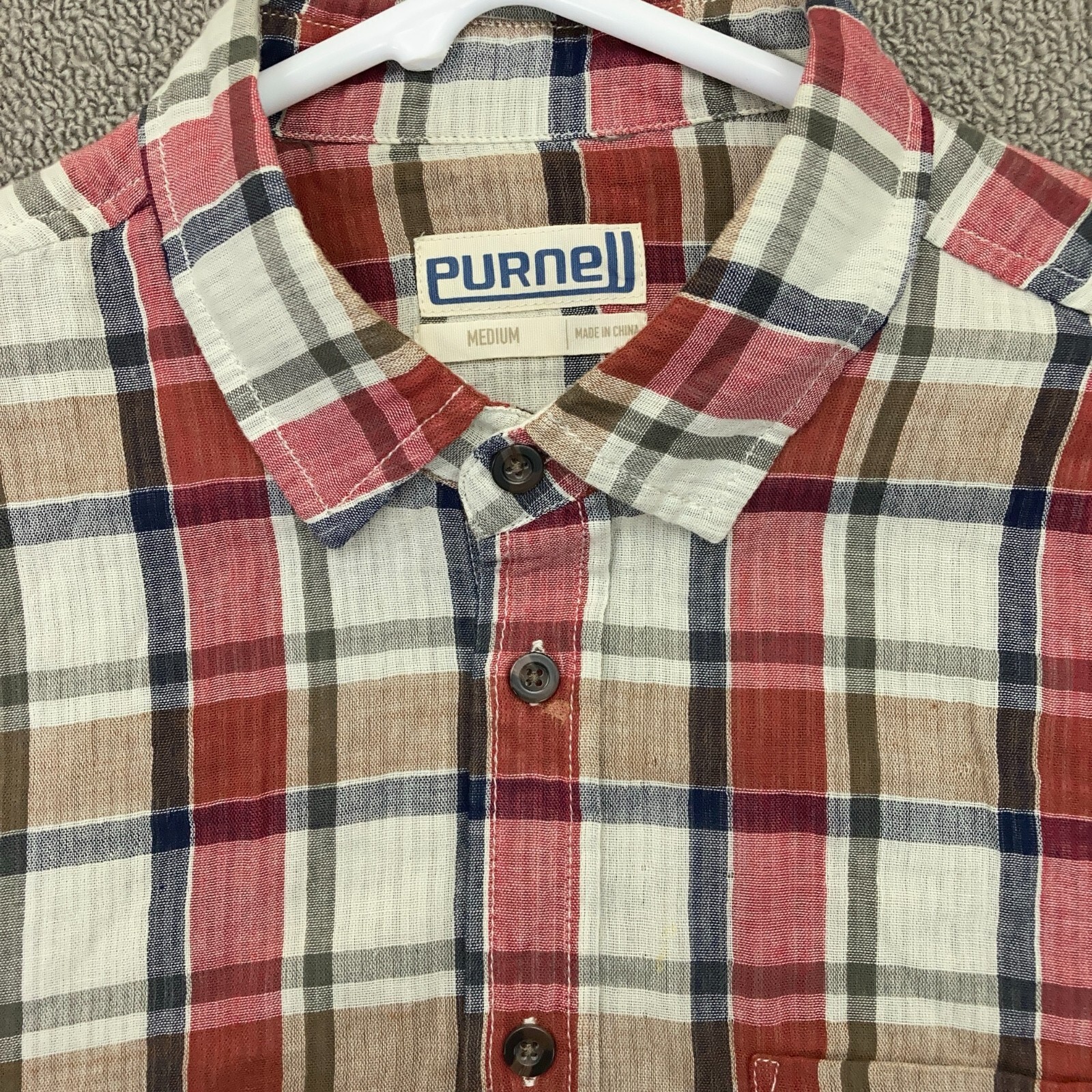 Purnell Shirt Mens Medium Red Beige Plaid Button Up Long Sleeve Cotton Pocket