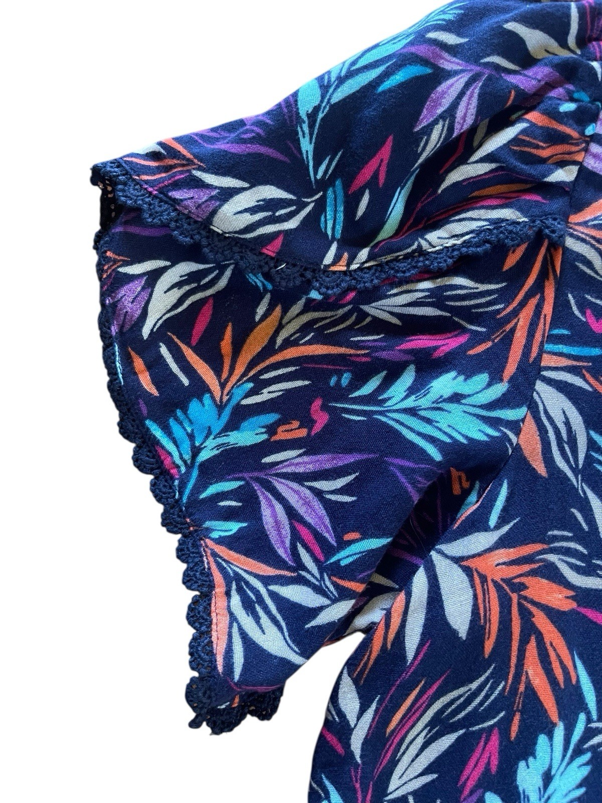 Chicos Cotton Navy Blue &Leaves Print Blouse Crochet Trim Drawstring Tassel Sz 1