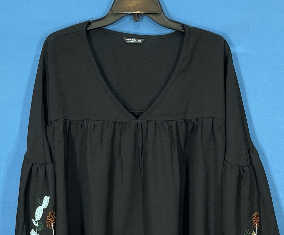 SHEIN CURVE Black THIN Poly Twill FLORAL EMBROIDERED Balloon Sleeve TOP Sz 2XL