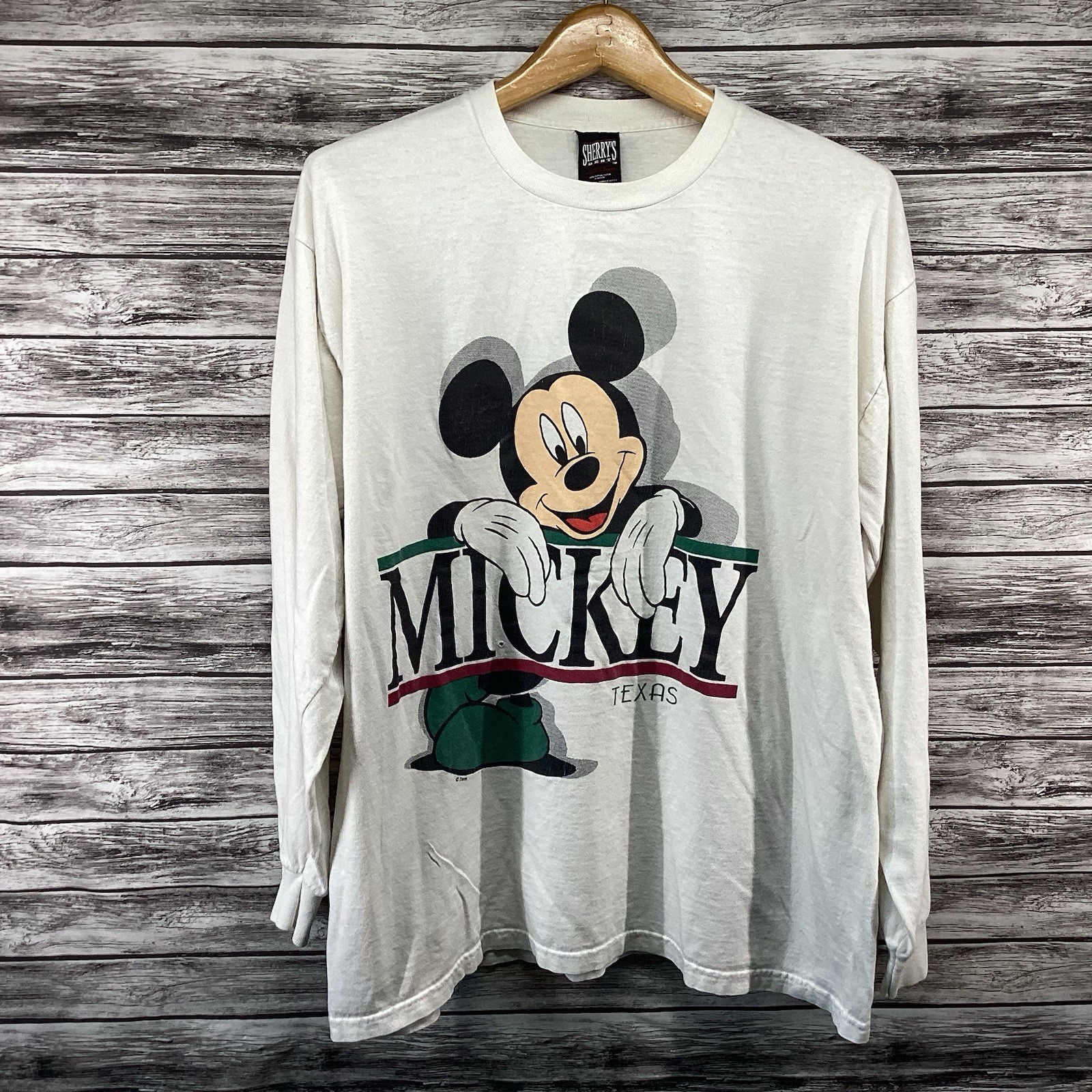 Vintage Mickey Mouse Texas Shirt Mens XL White Long Sleeve Sherry’s Best 90s